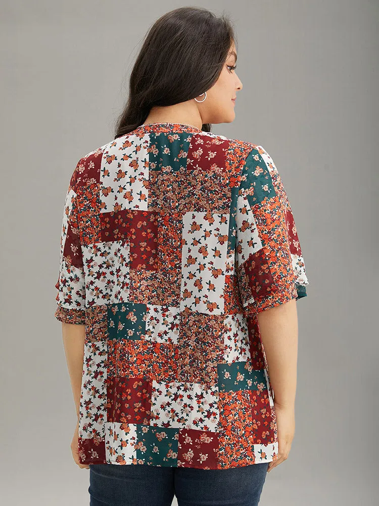 Ditsy Floral Colorblock Contrast Notched Blouse sold by Bloomchic product image thumbnail 2