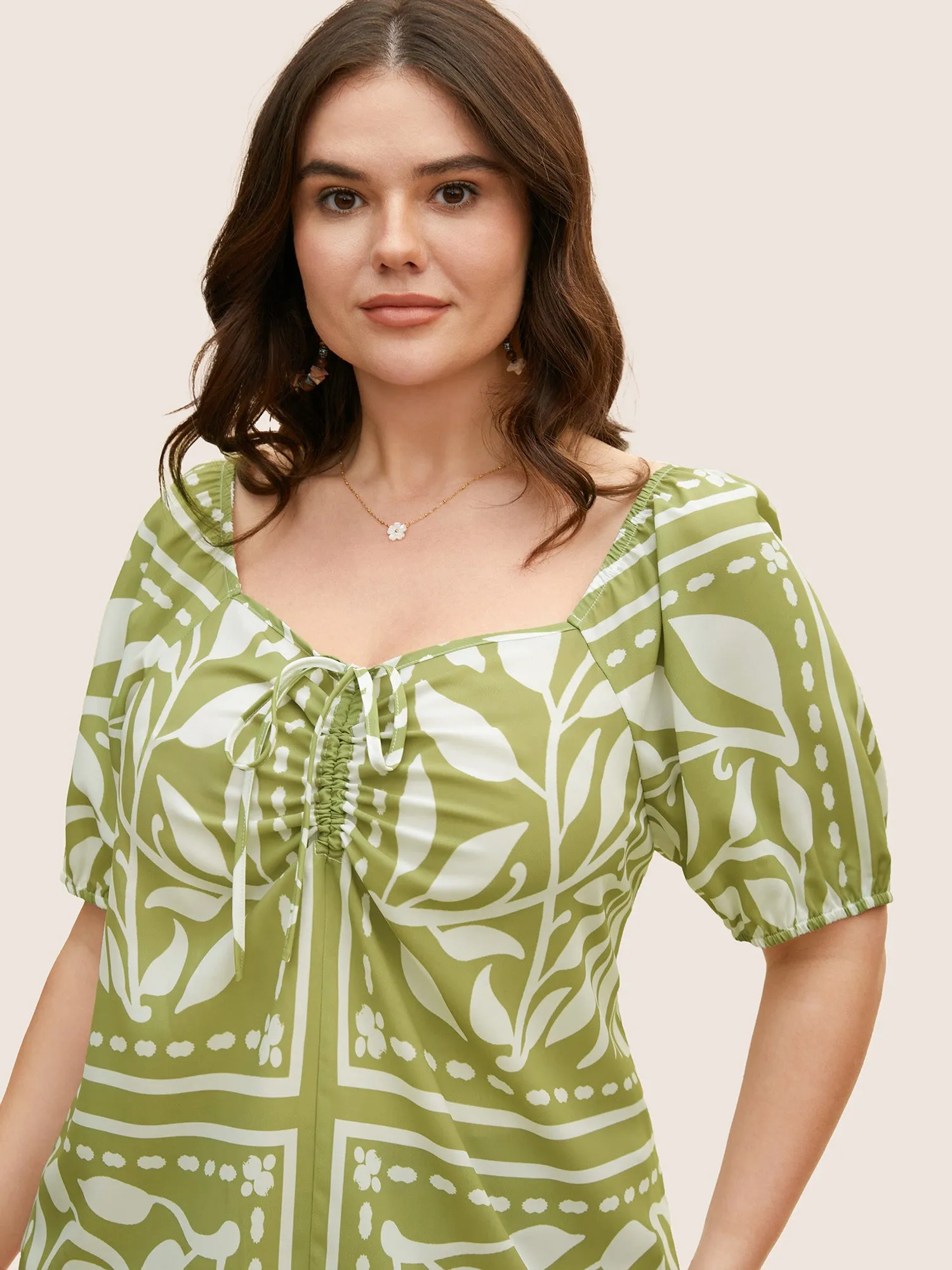 Heart Neckline Boho Print Drawstring Gathered Blouse sold by Bloomchic product image thumbnail 3