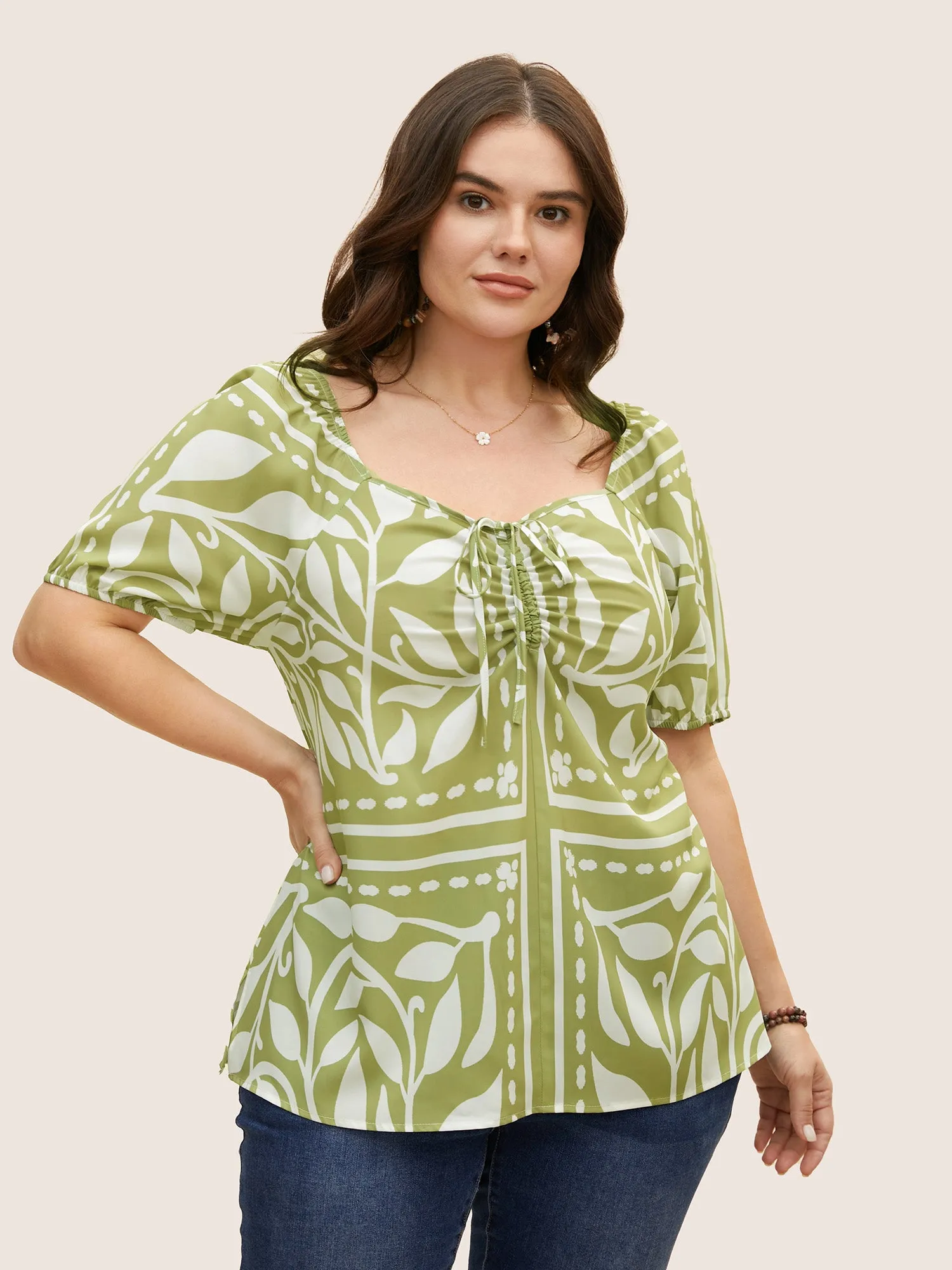 Heart Neckline Boho Print Drawstring Gathered Blouse sold by Bloomchic