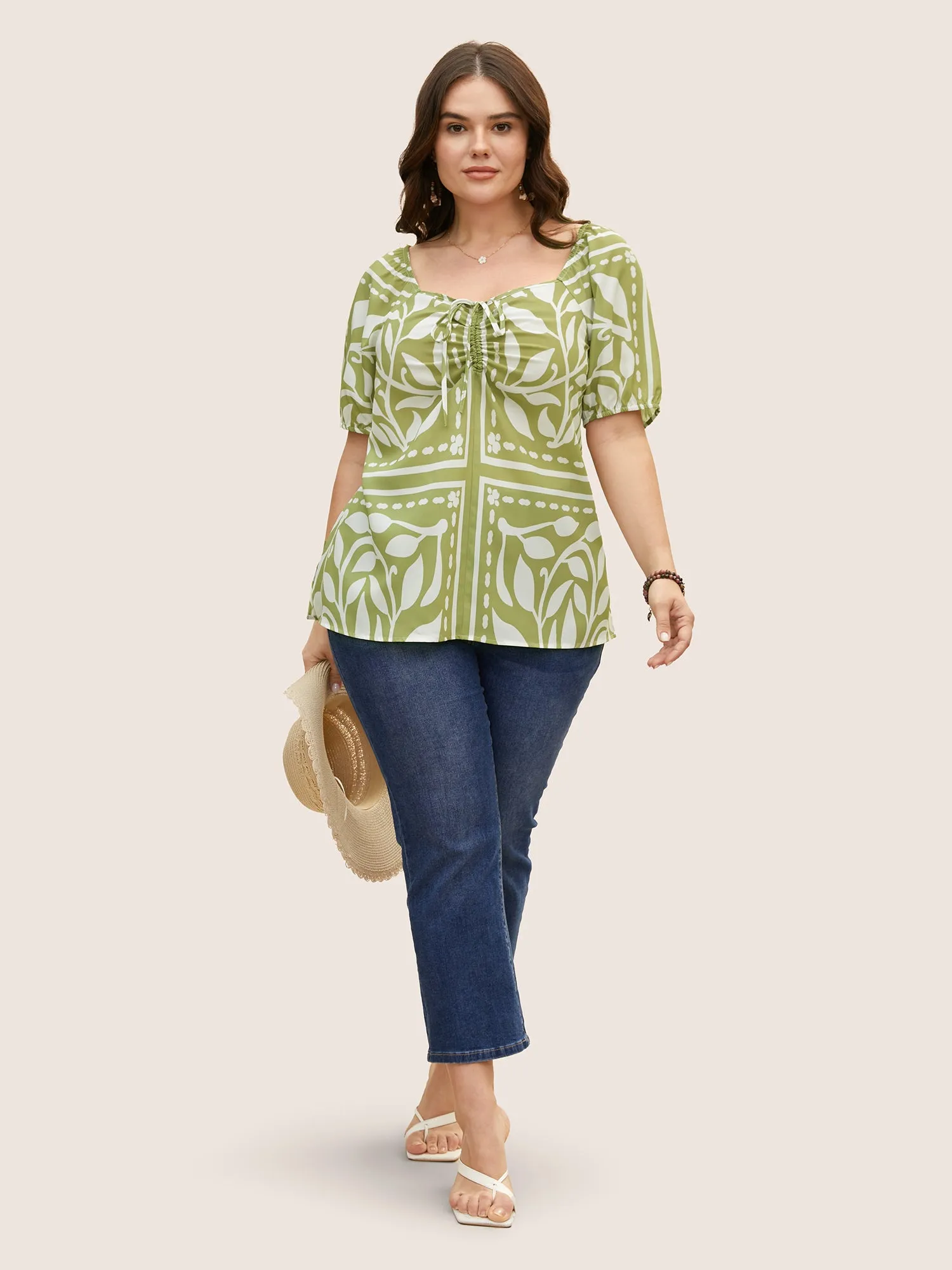 Heart Neckline Boho Print Drawstring Gathered Blouse sold by Bloomchic product image thumbnail 2