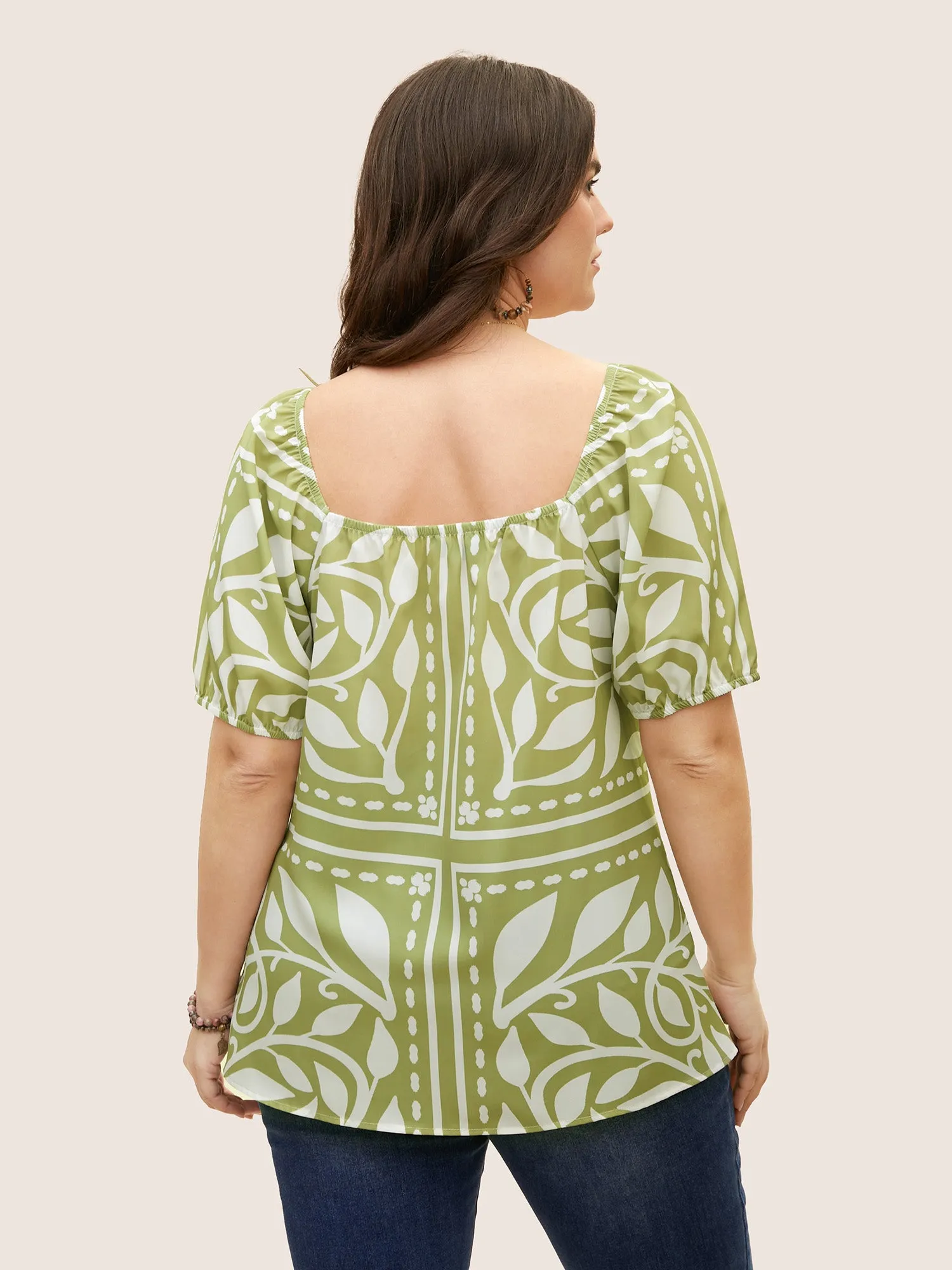 Heart Neckline Boho Print Drawstring Gathered Blouse sold by Bloomchic product image thumbnail 5