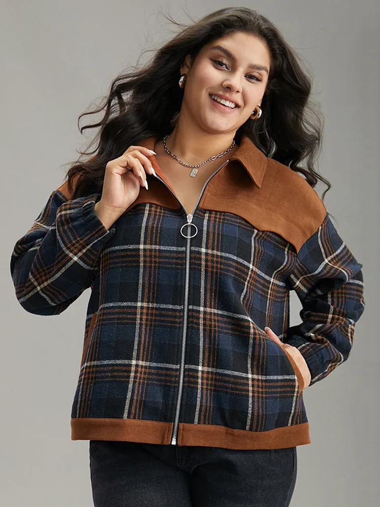 Plaid Patchwork Pocket Lapel Collar Zipper Fly Jacket sold by Bloomchic