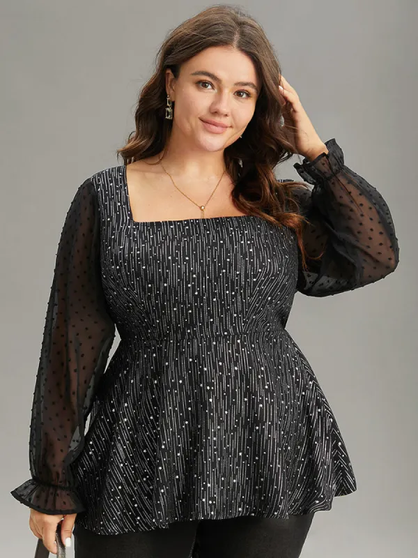 Plain Textured Glitter Patchwork Square Neck Blouse sold by Bloomchic