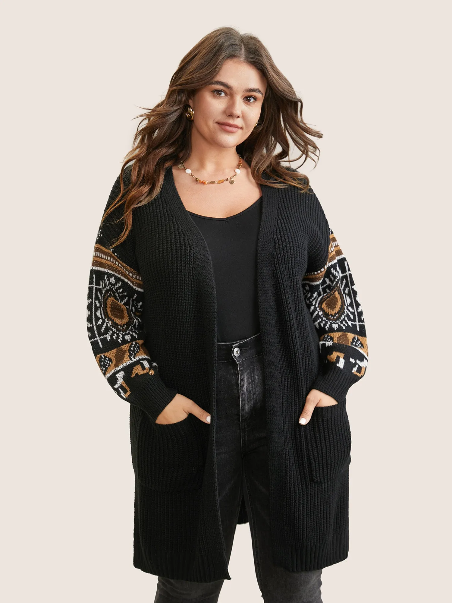 Geometric Jacquard Patchwork Split Hem Cardigan sold by Bloomchic