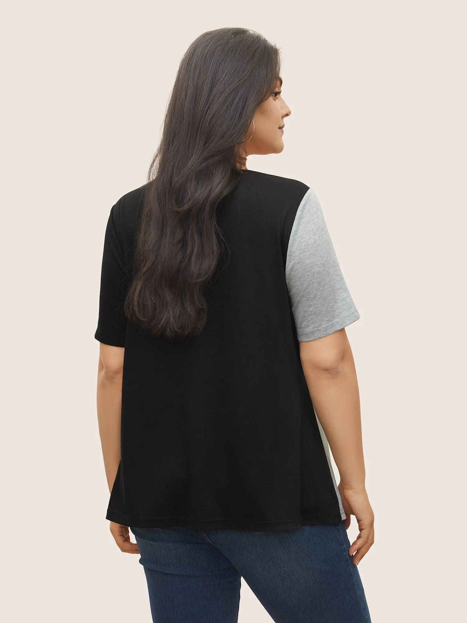 Two Tone Button Detail Asymmetrical Neck T-shirt sold by Bloomchic product image thumbnail 2