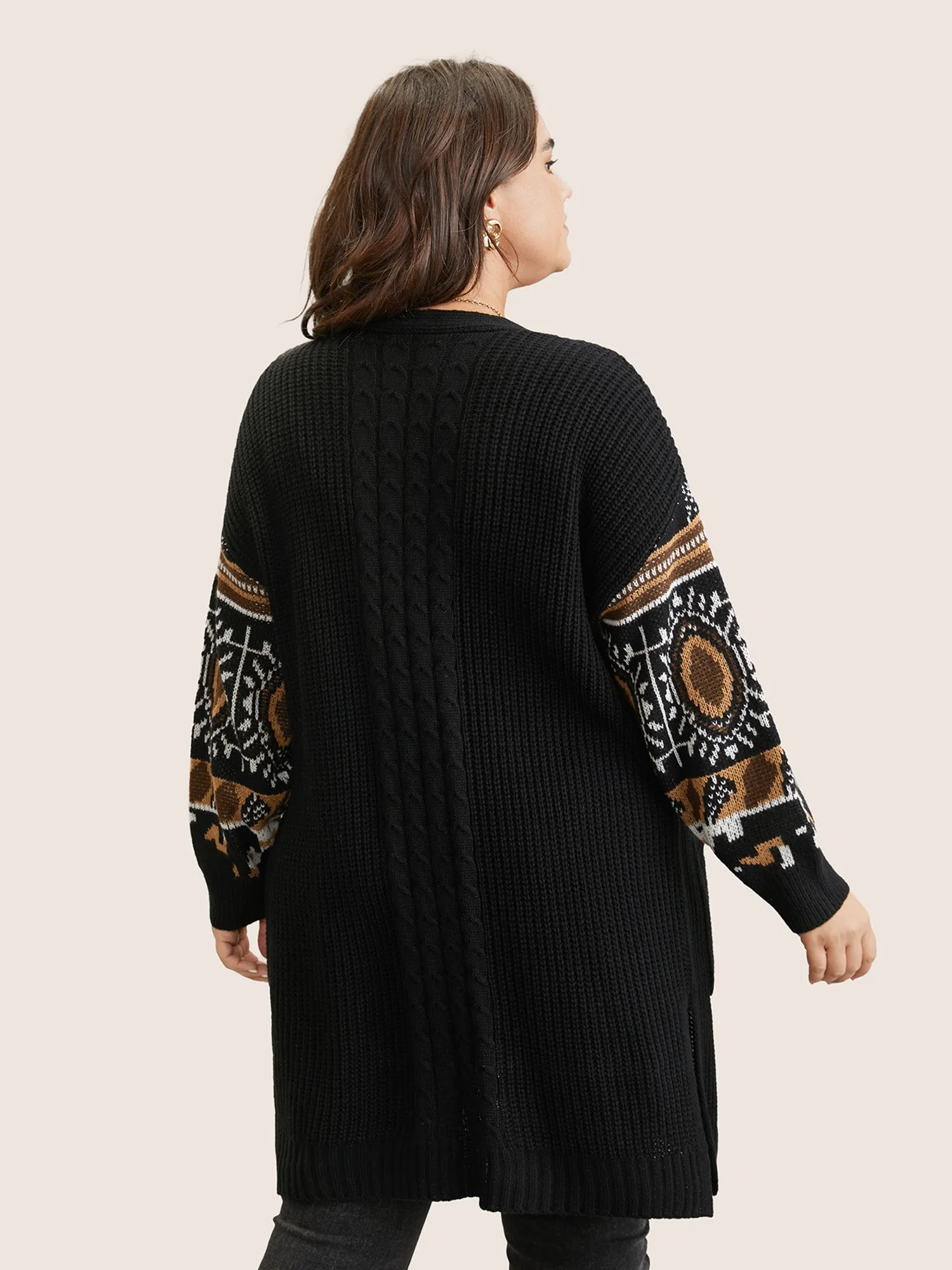 Geometric Jacquard Patchwork Split Hem Cardigan sold by Bloomchic product image thumbnail 2