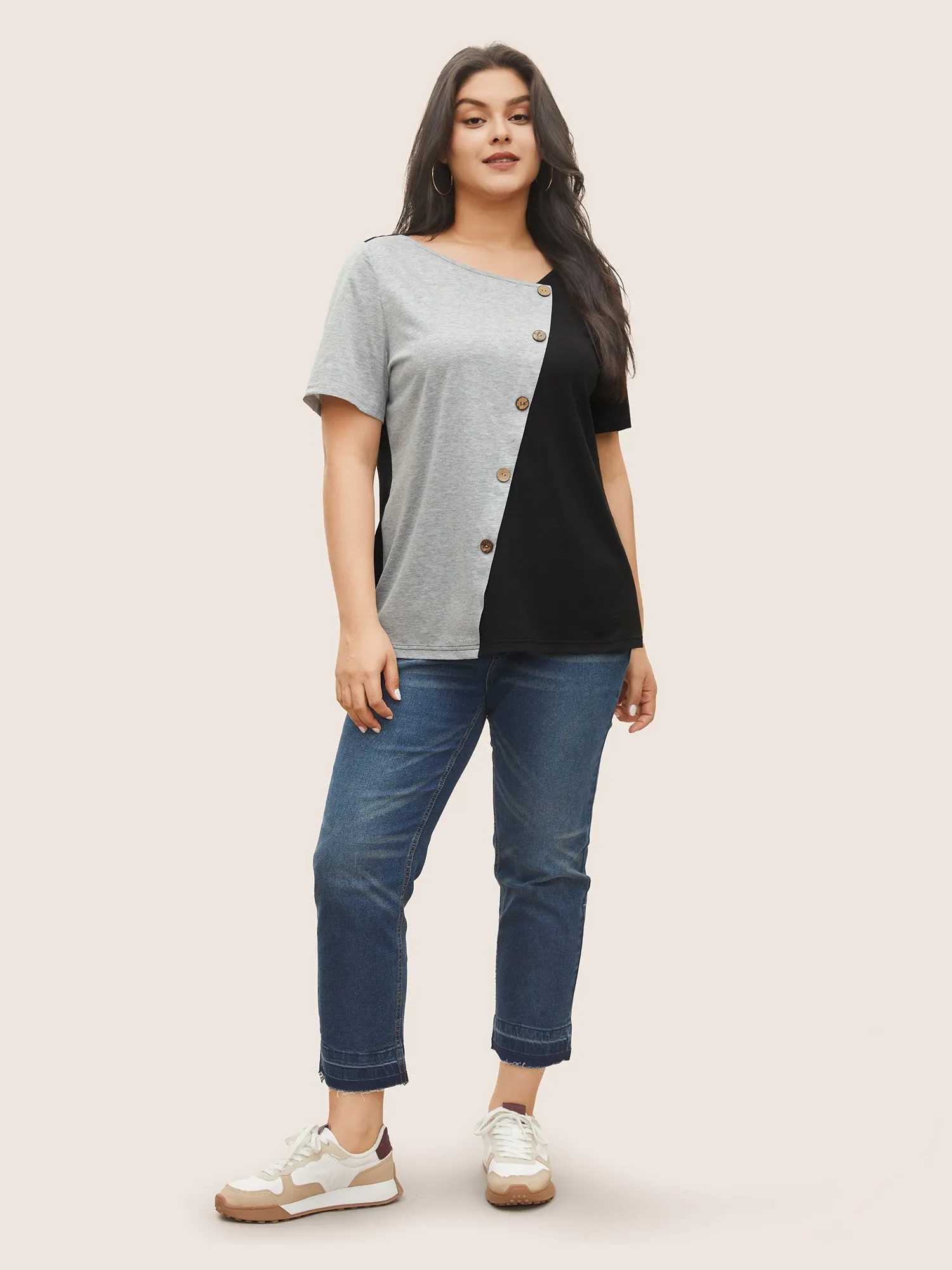 Two Tone Button Detail Asymmetrical Neck T-shirt sold by Bloomchic product image thumbnail 3