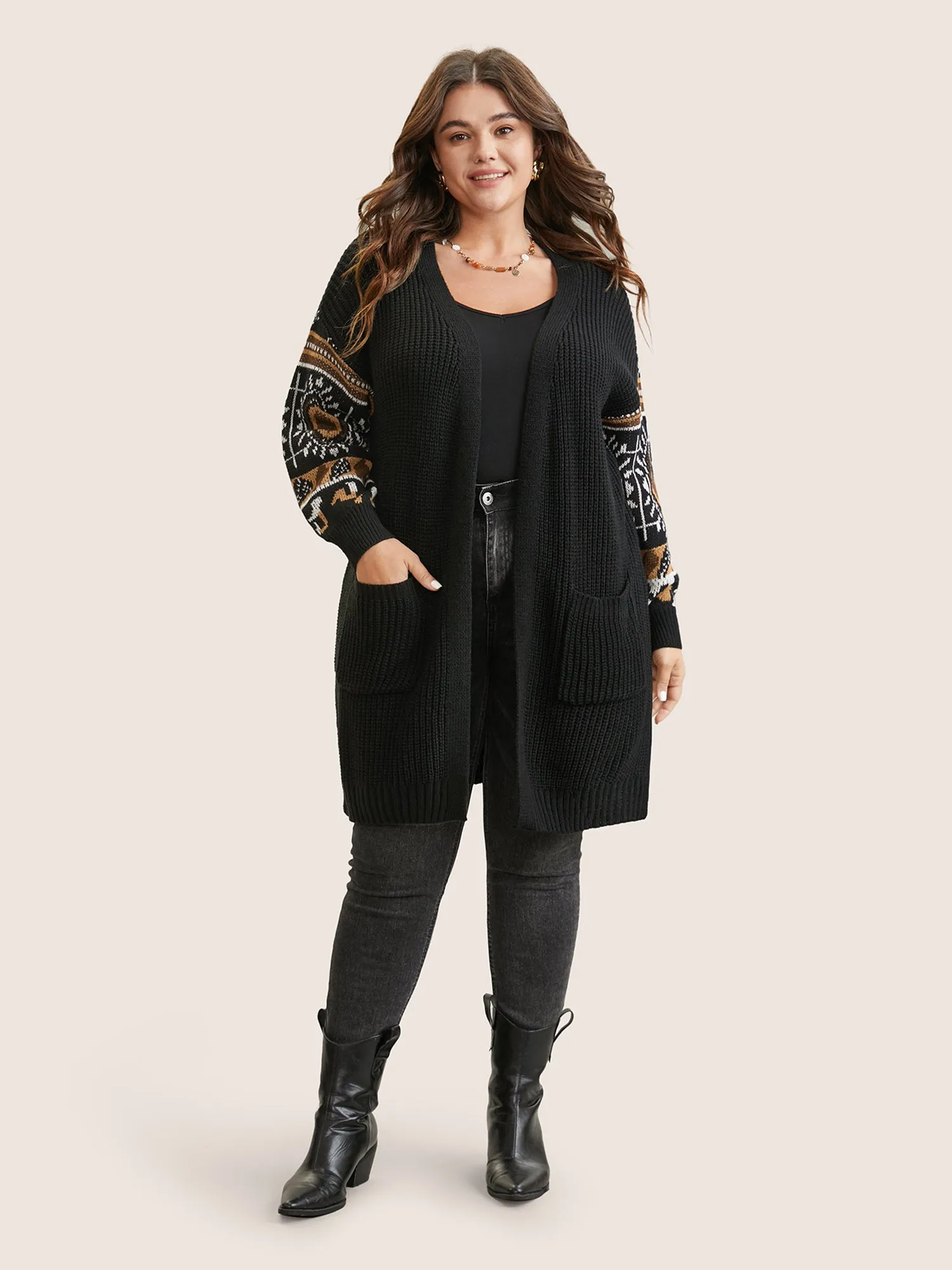 Geometric Jacquard Patchwork Split Hem Cardigan sold by Bloomchic product image thumbnail 3