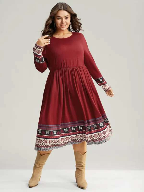 Christmas Boho Print Patchwork Elastic Waist Dress sold by Bloomchic