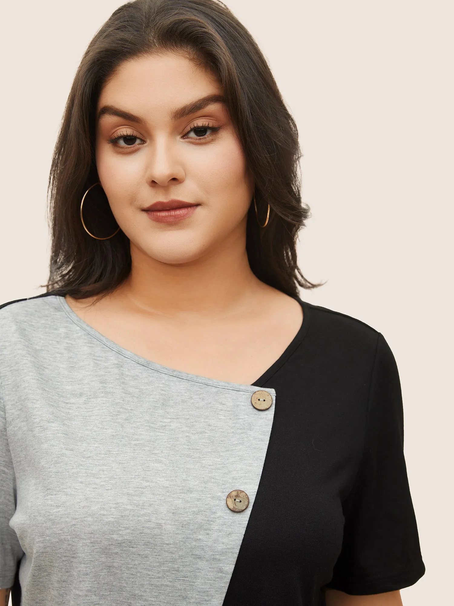 Two Tone Button Detail Asymmetrical Neck T-shirt sold by Bloomchic product image thumbnail 4