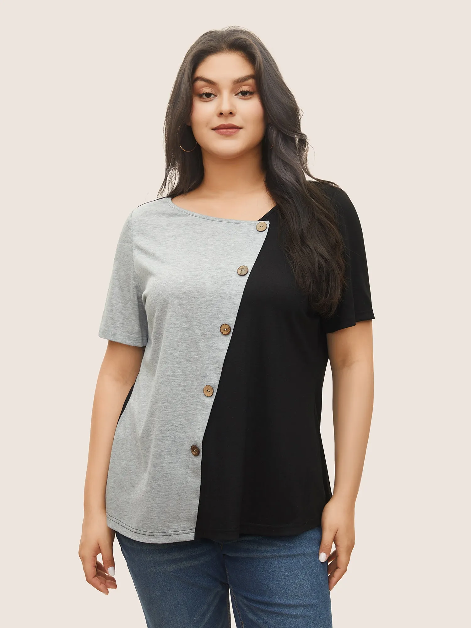 Two Tone Button Detail Asymmetrical Neck T-shirt sold by Bloomchic