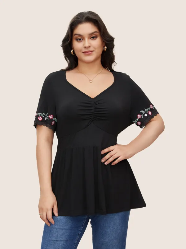 Floral Embroidered Lace Panel Ruched Knit Top sold by Bloomchic