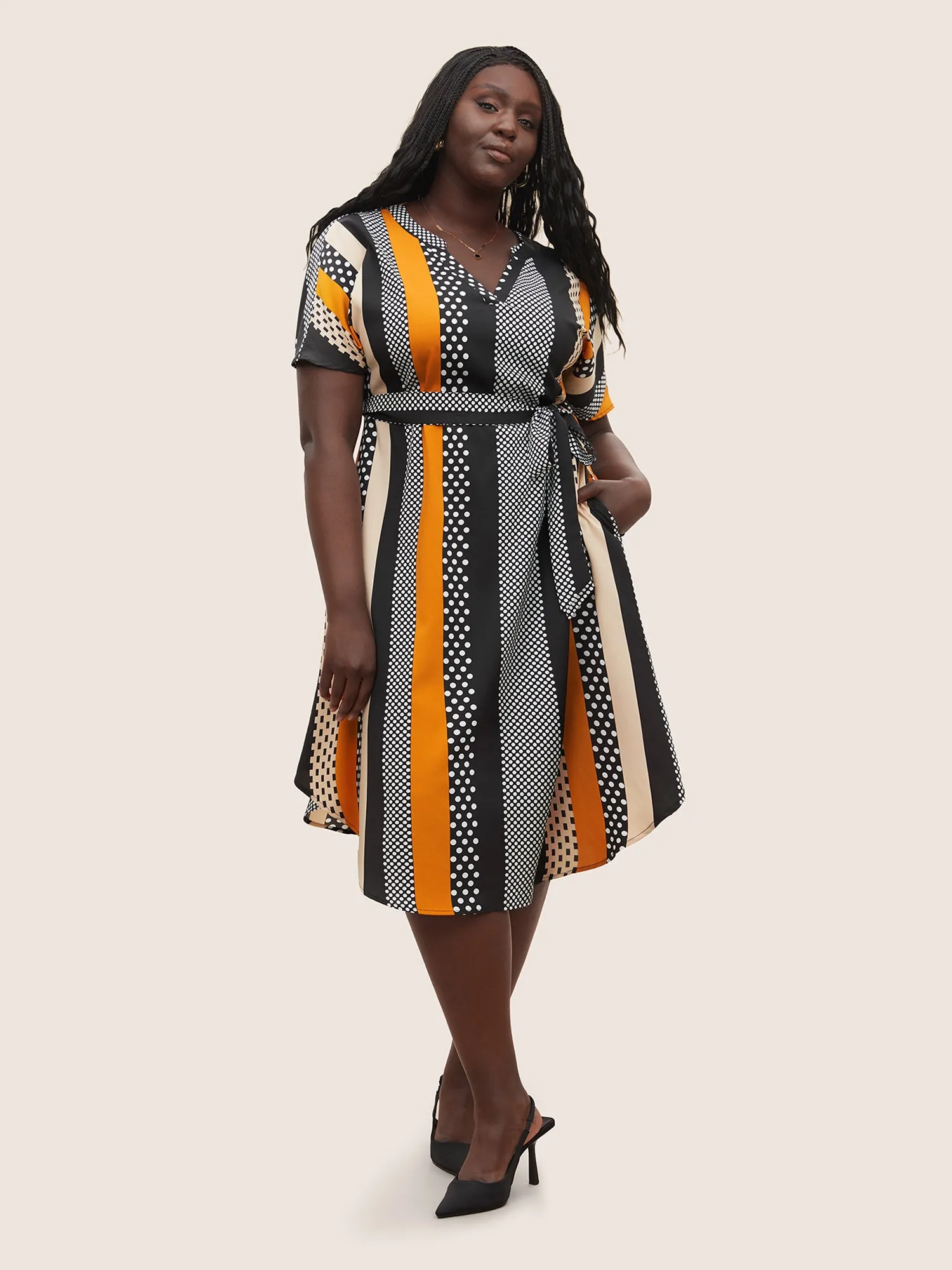 Polka Dot & Striped Notched Contrast Belted Dress sold by Bloomchic product image thumbnail 2