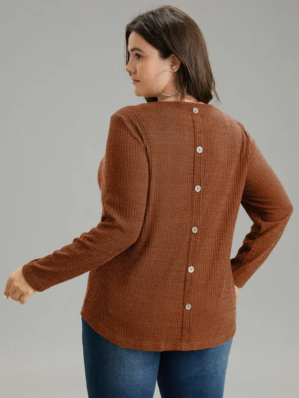 Rib Knit Solid Crew Neck Button Detail T-shirt sold by Bloomchic