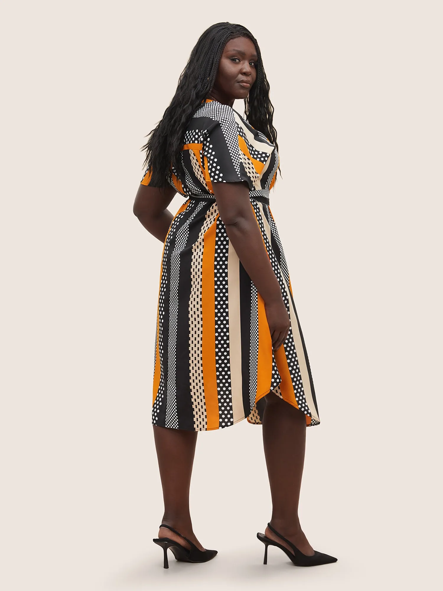 Polka Dot & Striped Notched Contrast Belted Dress sold by Bloomchic product image thumbnail 3