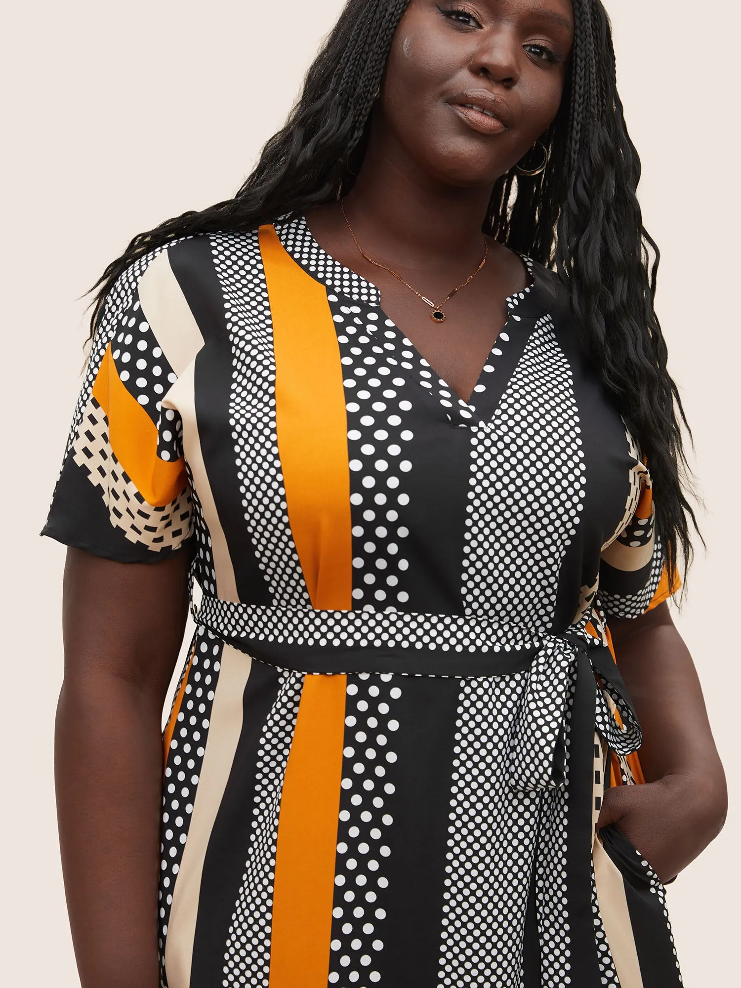 Polka Dot & Striped Notched Contrast Belted Dress sold by Bloomchic product image thumbnail 4