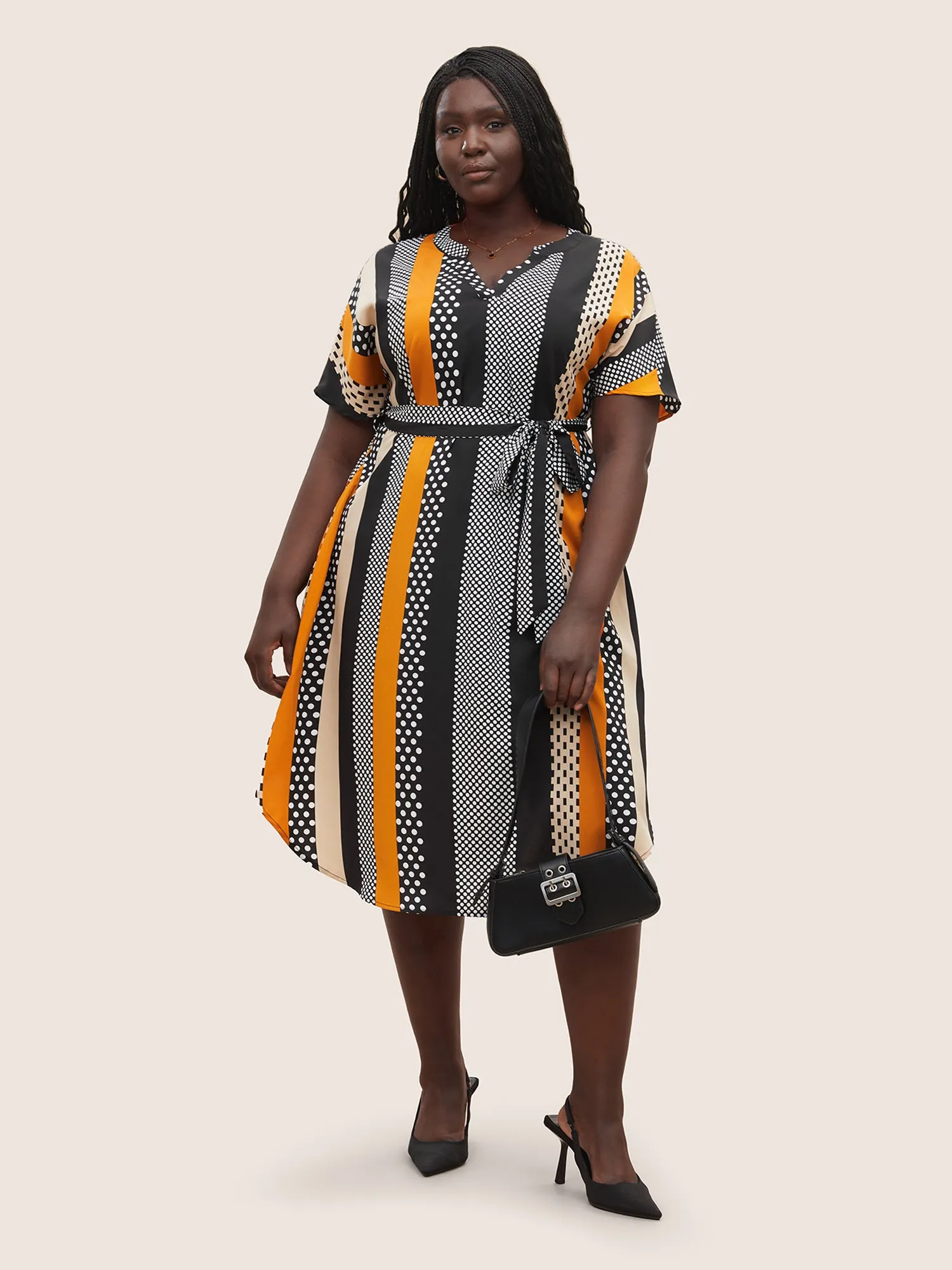 Polka Dot & Striped Notched Contrast Belted Dress sold by Bloomchic