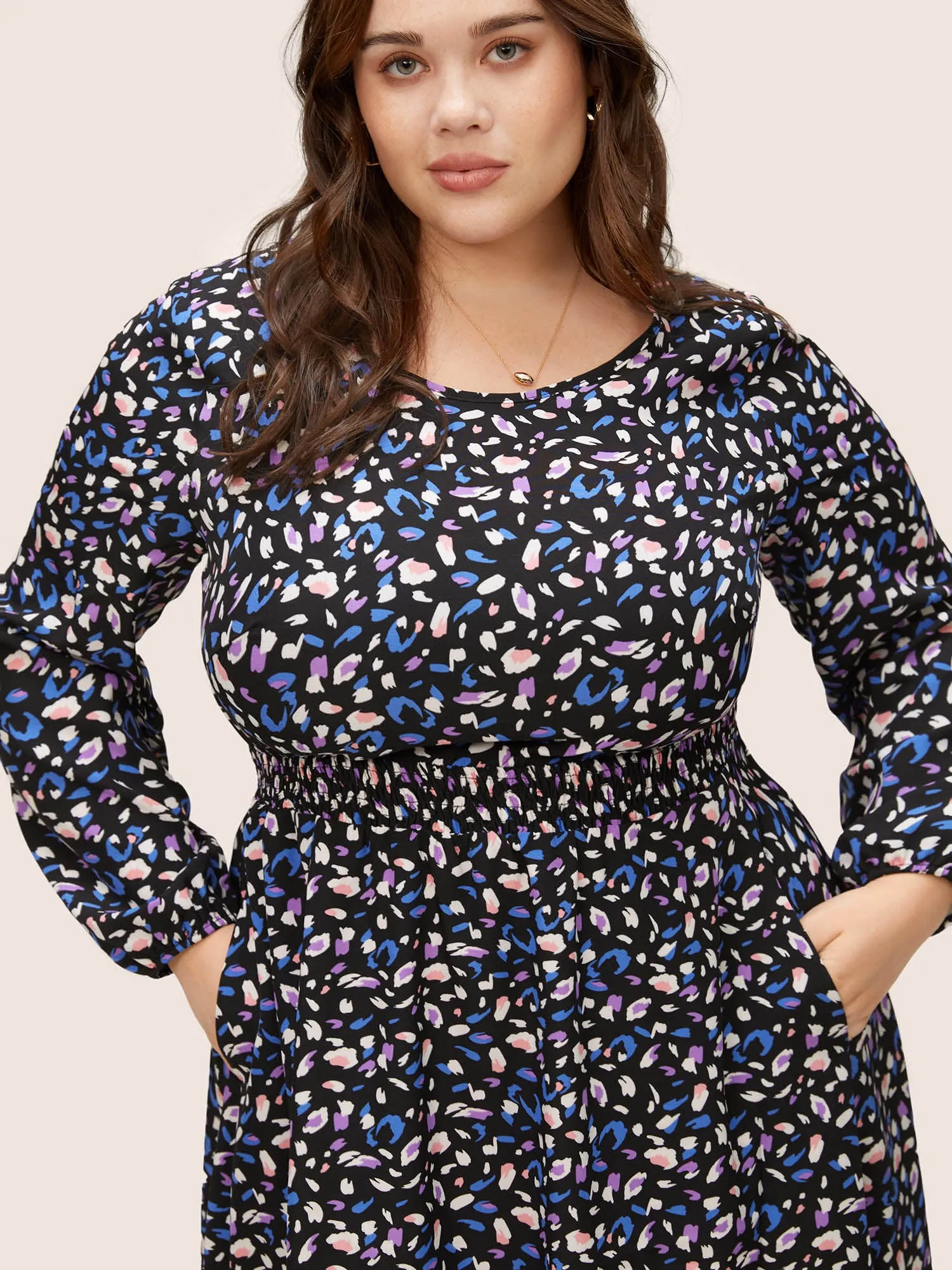 Colored Leopard Print Elastic Cuffs Shirred Dress sold by Bloomchic product image thumbnail 4