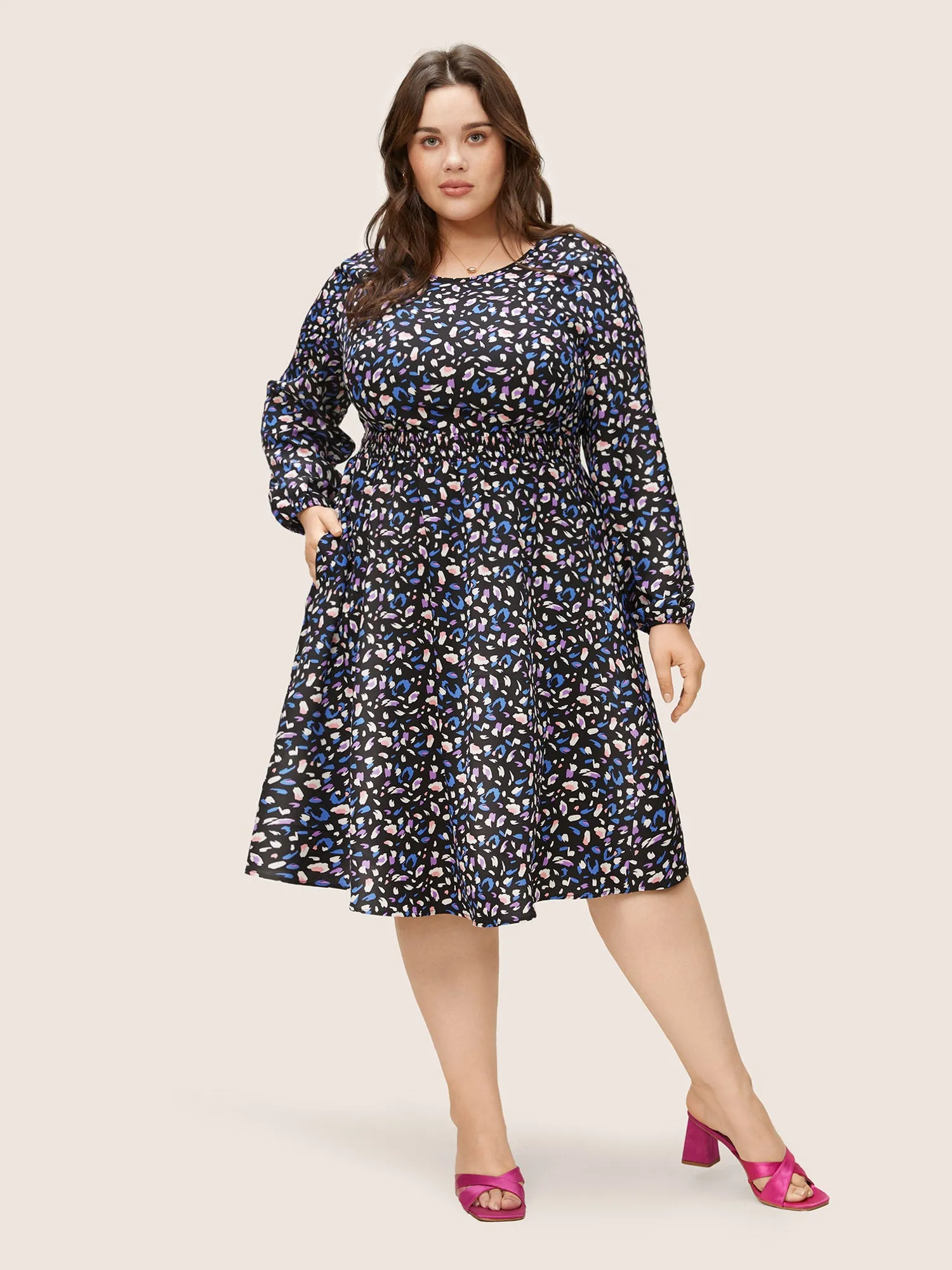 Colored Leopard Print Elastic Cuffs Shirred Dress sold by Bloomchic