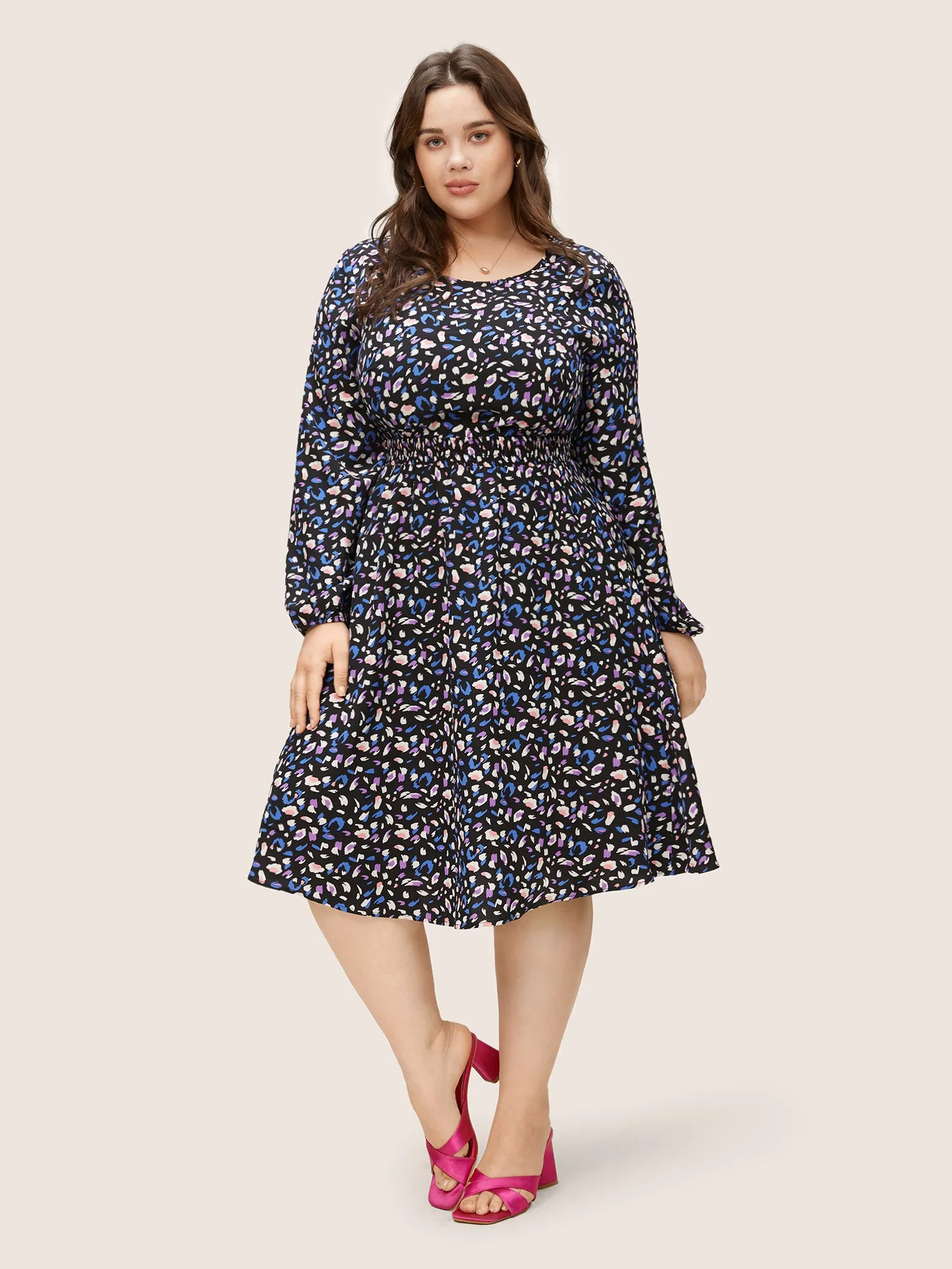 Colored Leopard Print Elastic Cuffs Shirred Dress sold by Bloomchic product image thumbnail 2