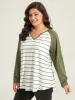 Striped Notched Contrast Patchwork T-shirt sold by Bloomchic