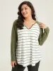 Striped Notched Contrast Patchwork T-shirt sold by Bloomchic