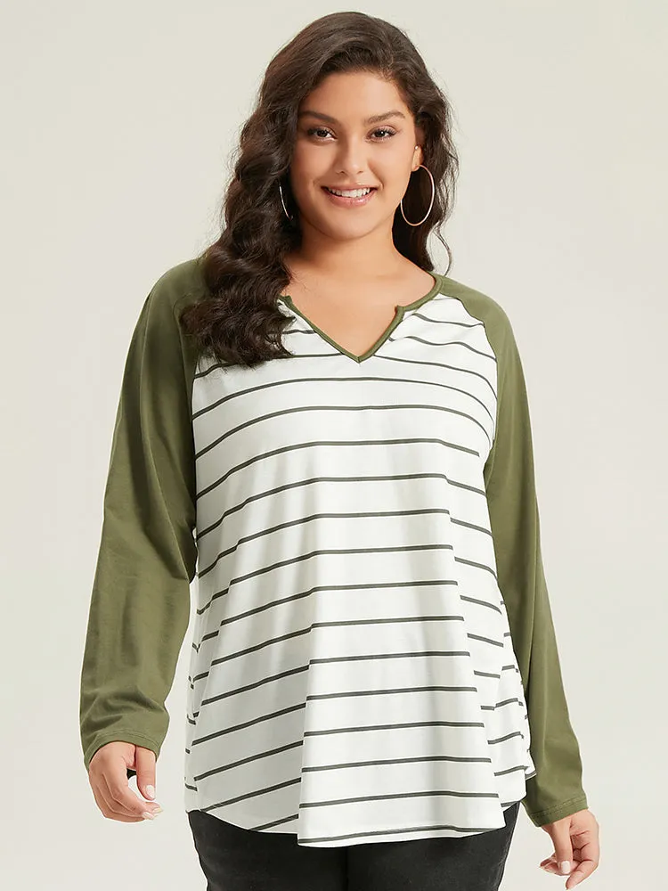 Striped Notched Contrast Patchwork T-shirt sold by Bloomchic