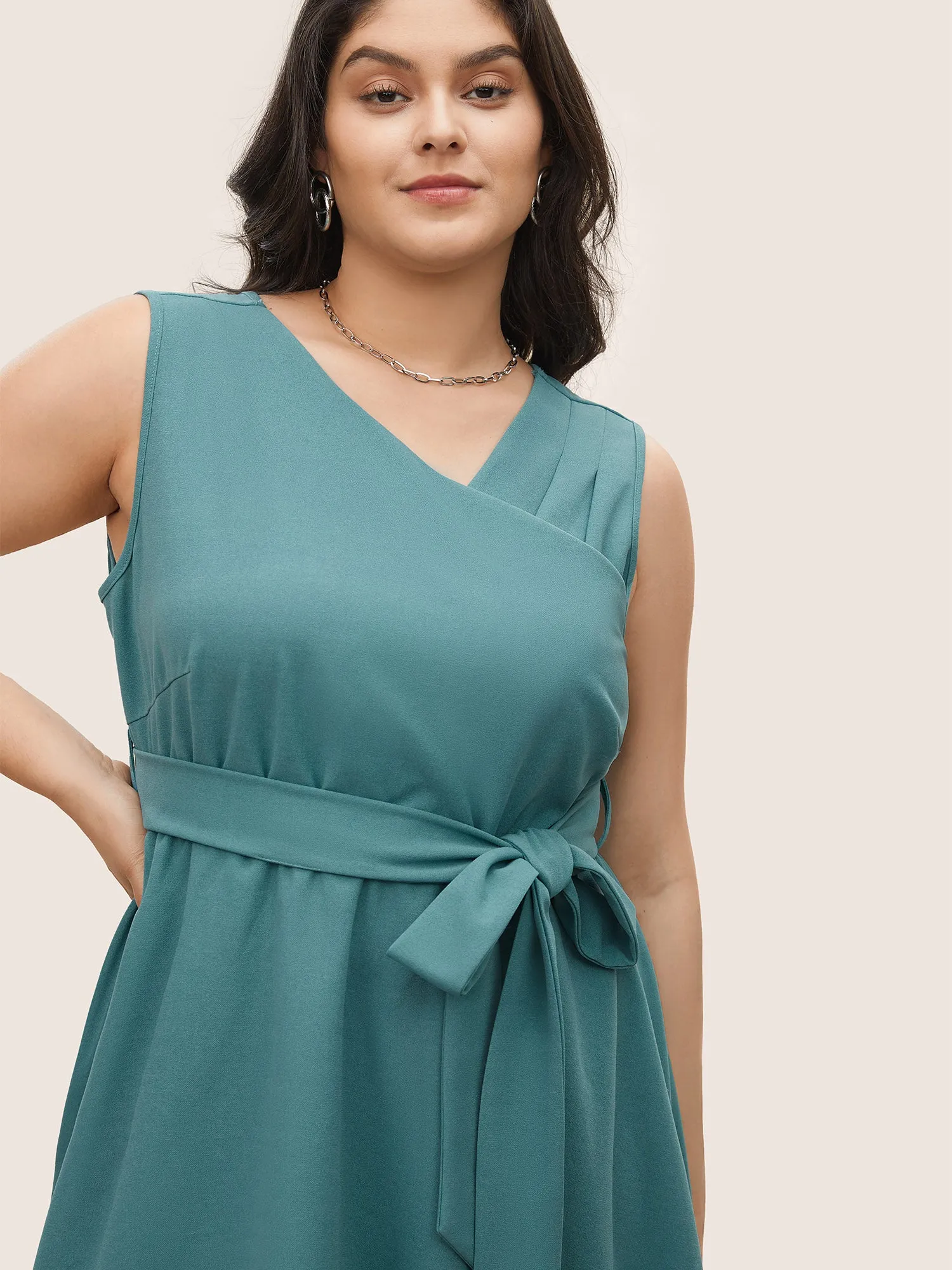 Asymmetrical Neck Pleated Belted Sleeveless Dress sold by Bloomchic product image thumbnail 4