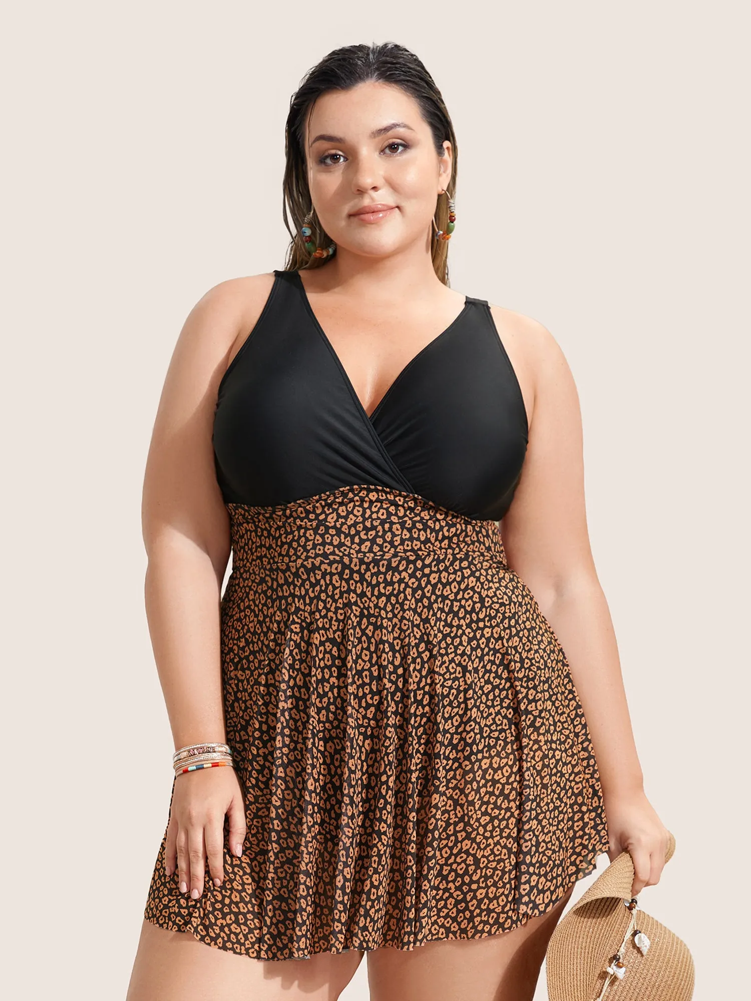 V Neck Leopard Print Patchwork Swim Dress sold by Bloomchic