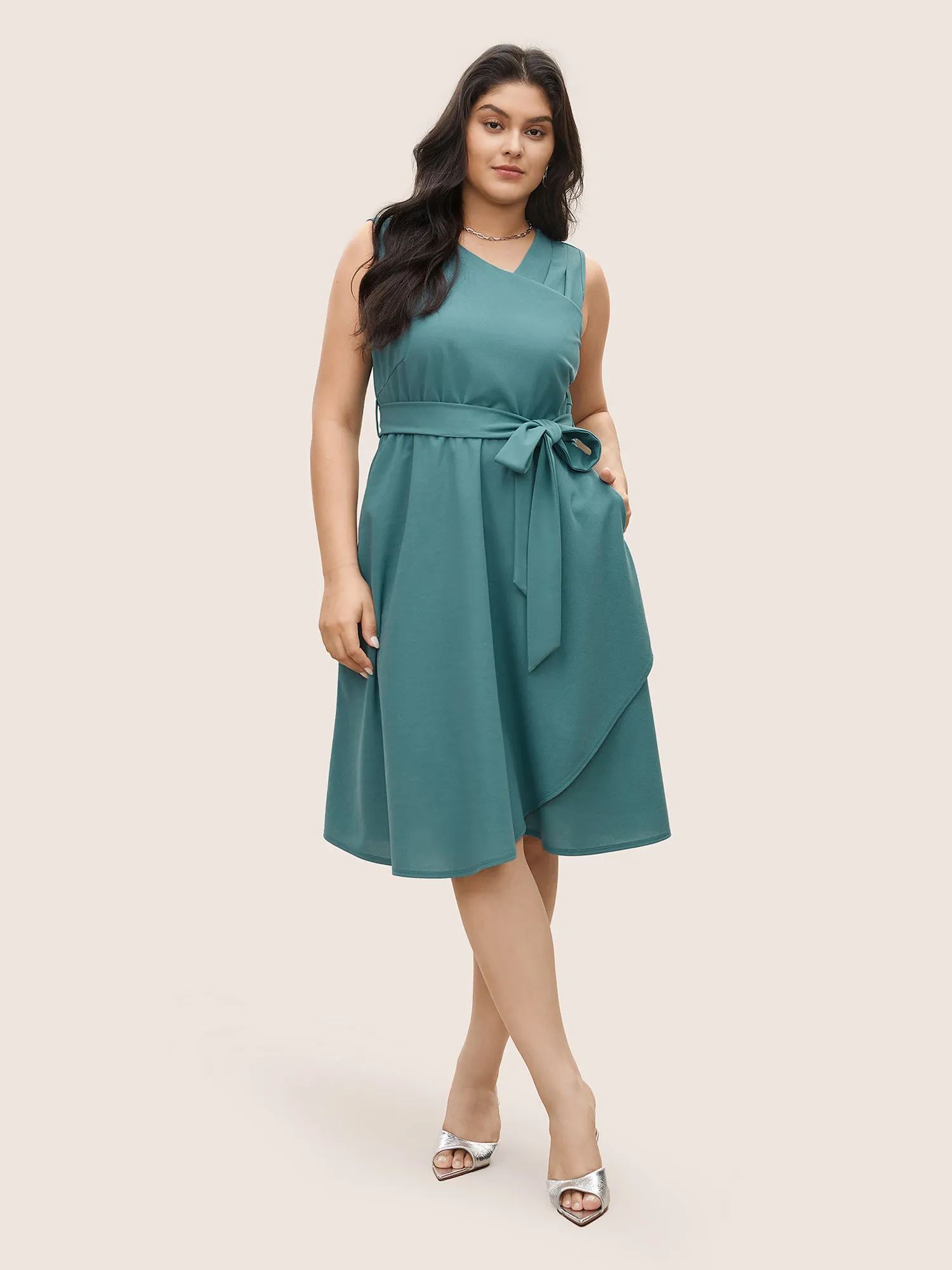 Asymmetrical Neck Pleated Belted Sleeveless Dress sold by Bloomchic product image thumbnail 2