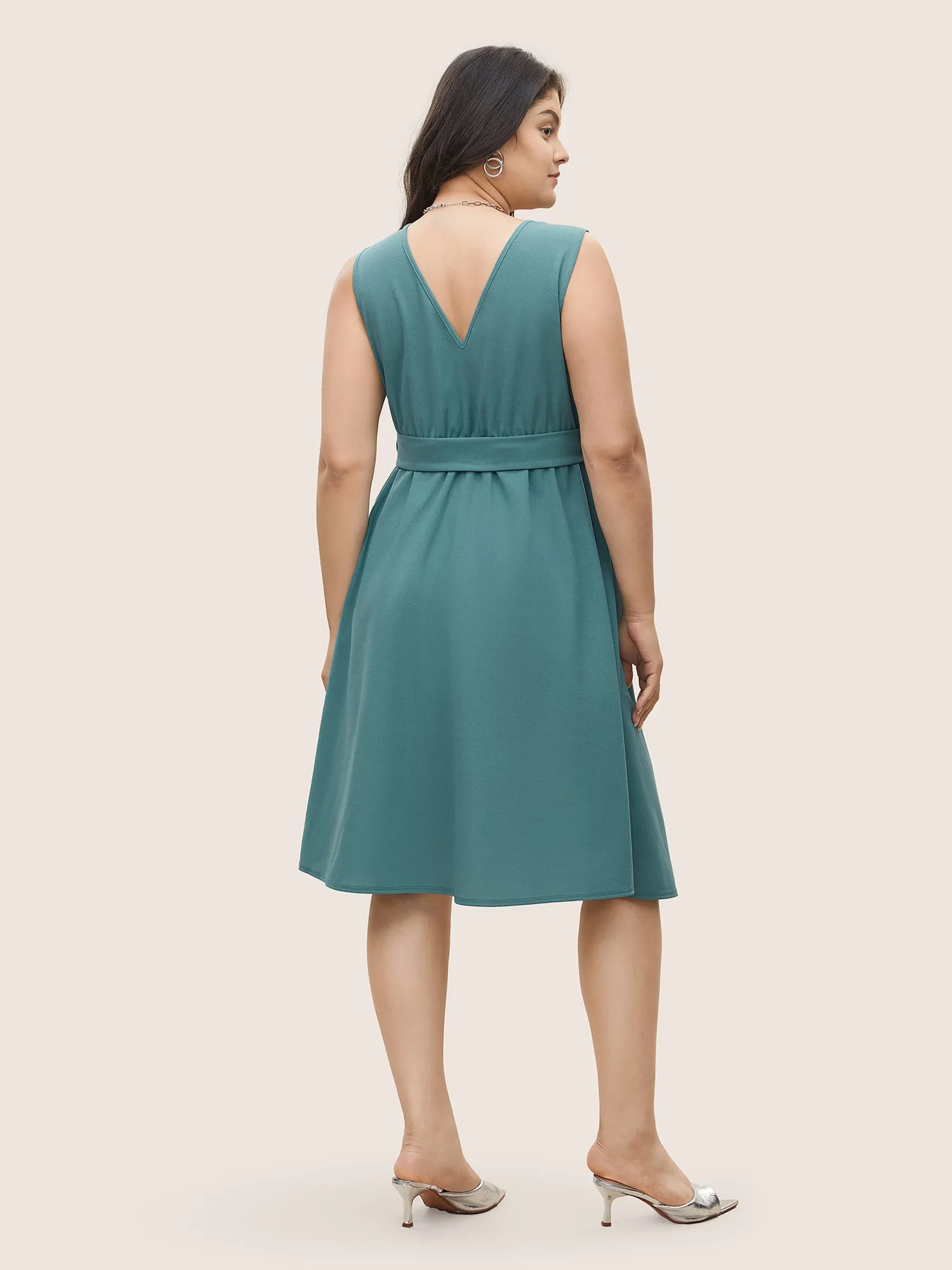 Asymmetrical Neck Pleated Belted Sleeveless Dress sold by Bloomchic product image thumbnail 3