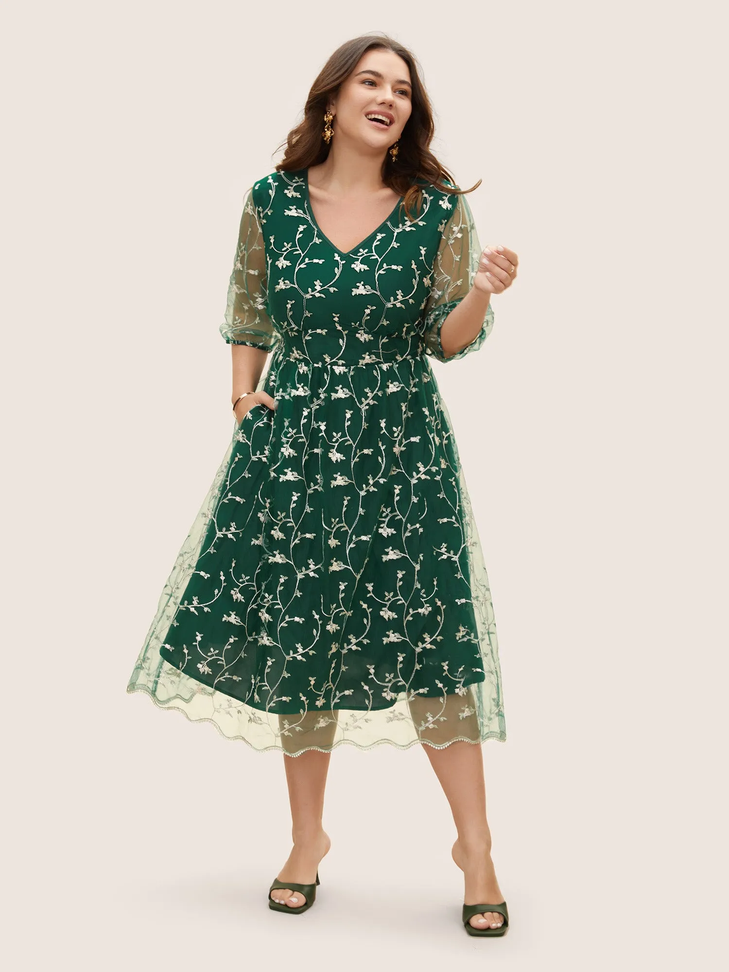 Floral Embroidered Mesh Lantern Sleeve Dress sold by Bloomchic product image thumbnail 3