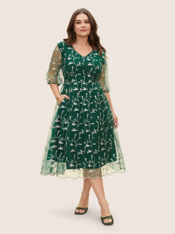 Floral Embroidered Mesh Lantern Sleeve Dress sold by Bloomchic