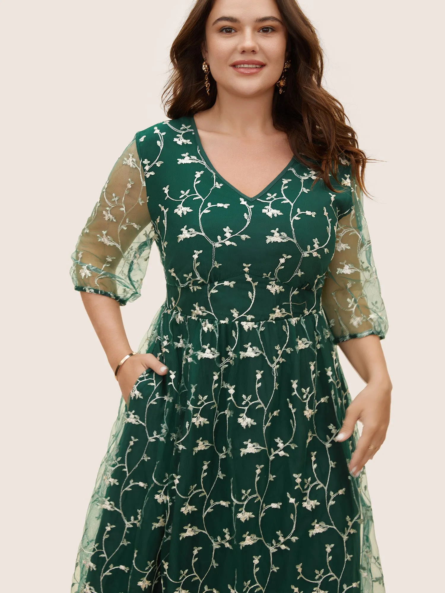 Floral Embroidered Mesh Lantern Sleeve Dress sold by Bloomchic product image thumbnail 2