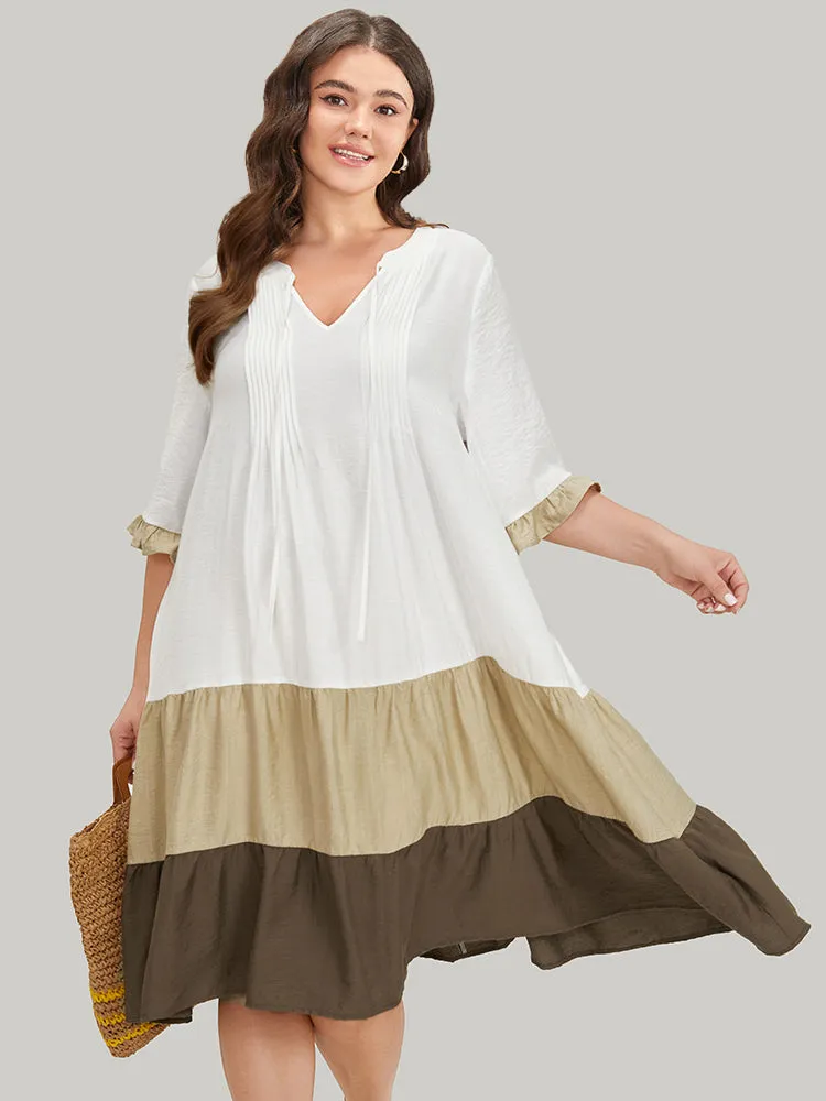 Color Block Contrast Pocket Pleated Knot Neck Dress sold by Bloomchic