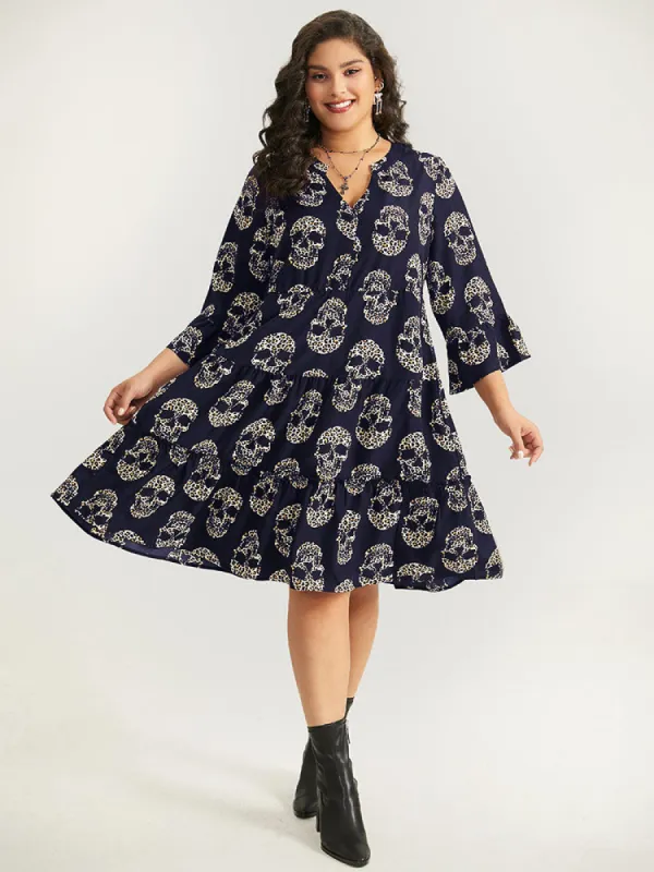 Halloween Skull Print Notched Flutter Dress sold by Bloomchic