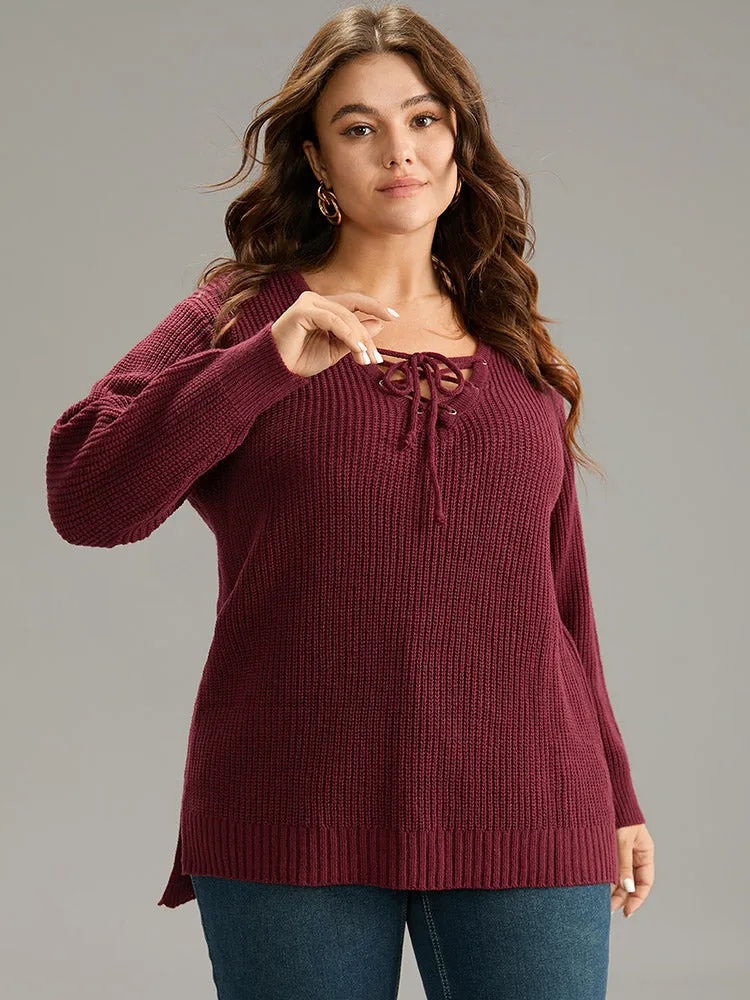 High Low Hem Lace Up Split Side Pullover sold by Bloomchic