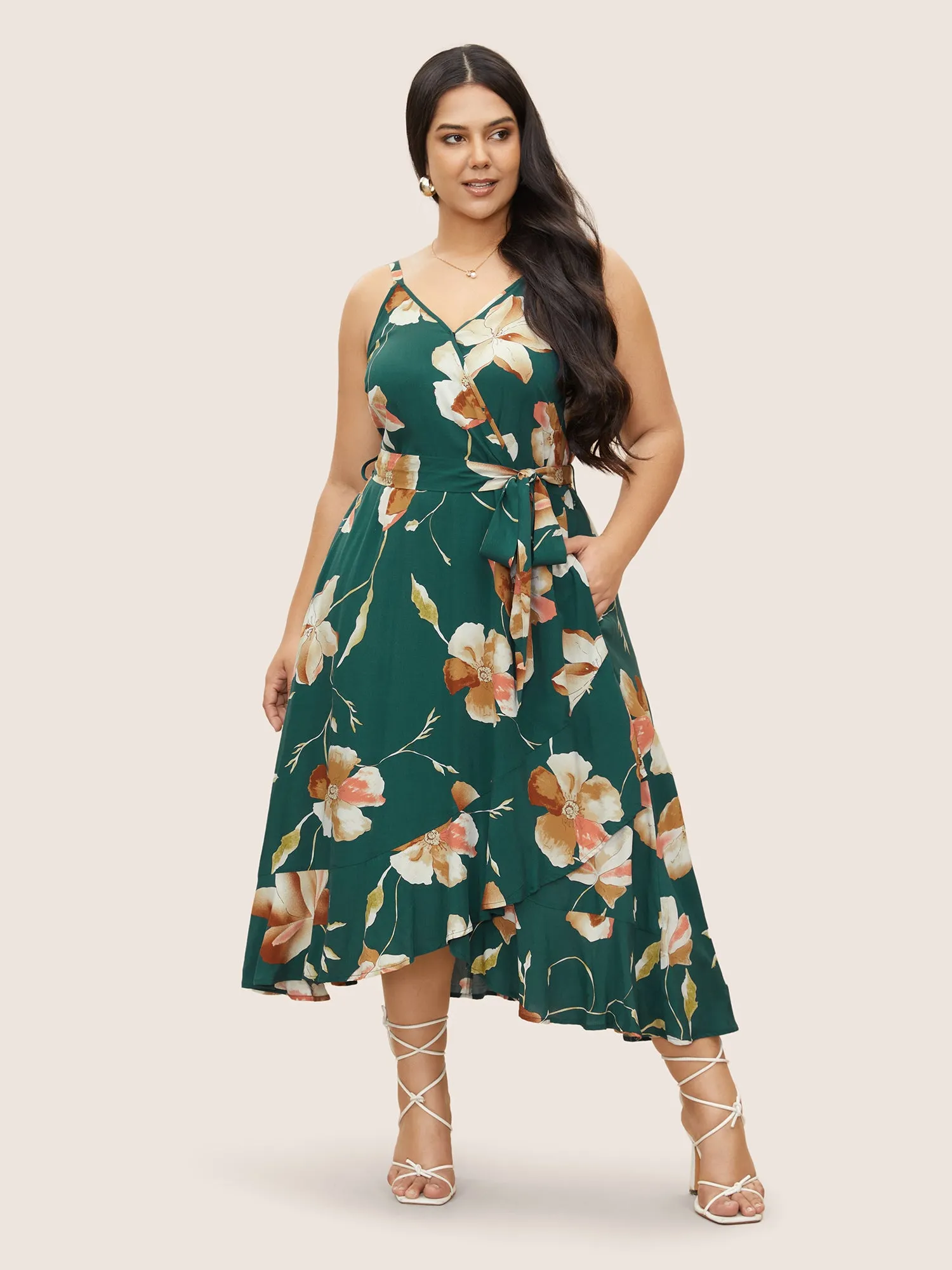Floral Surplice Neck Belted Cami Dress sold by Bloomchic