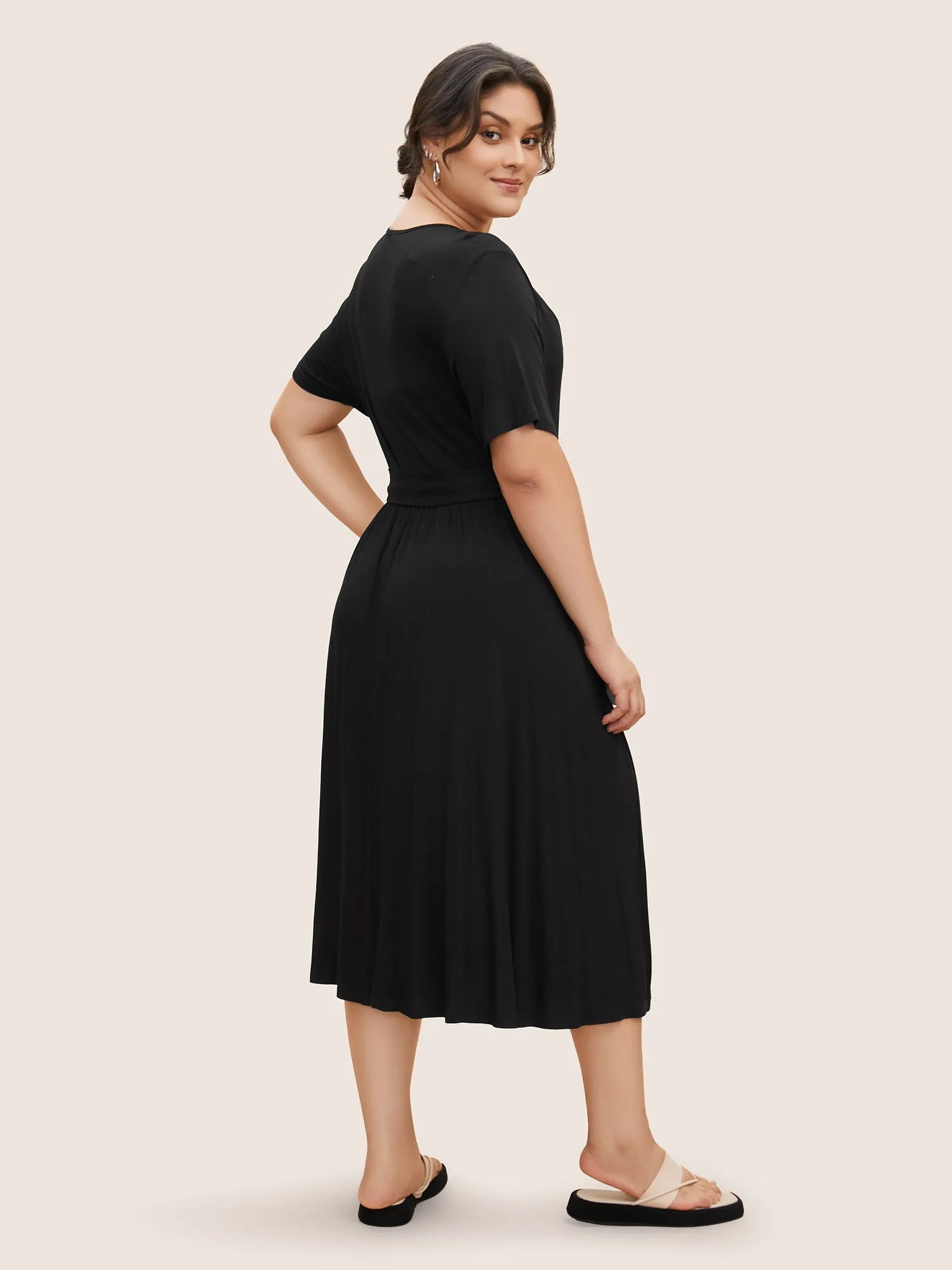 Overlap Collar Solid Belted Midi Dress sold by Bloomchic product image thumbnail 3
