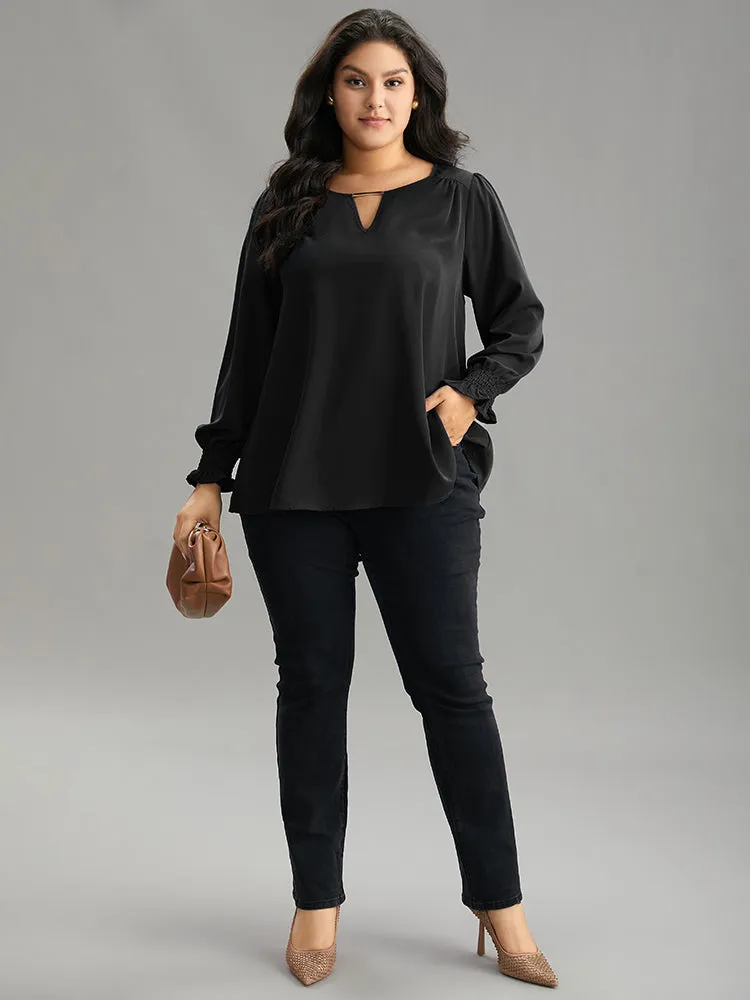 Static-Free Plain Metal Detail Keyhole Shirred Blouse sold by Bloomchic product image thumbnail 3