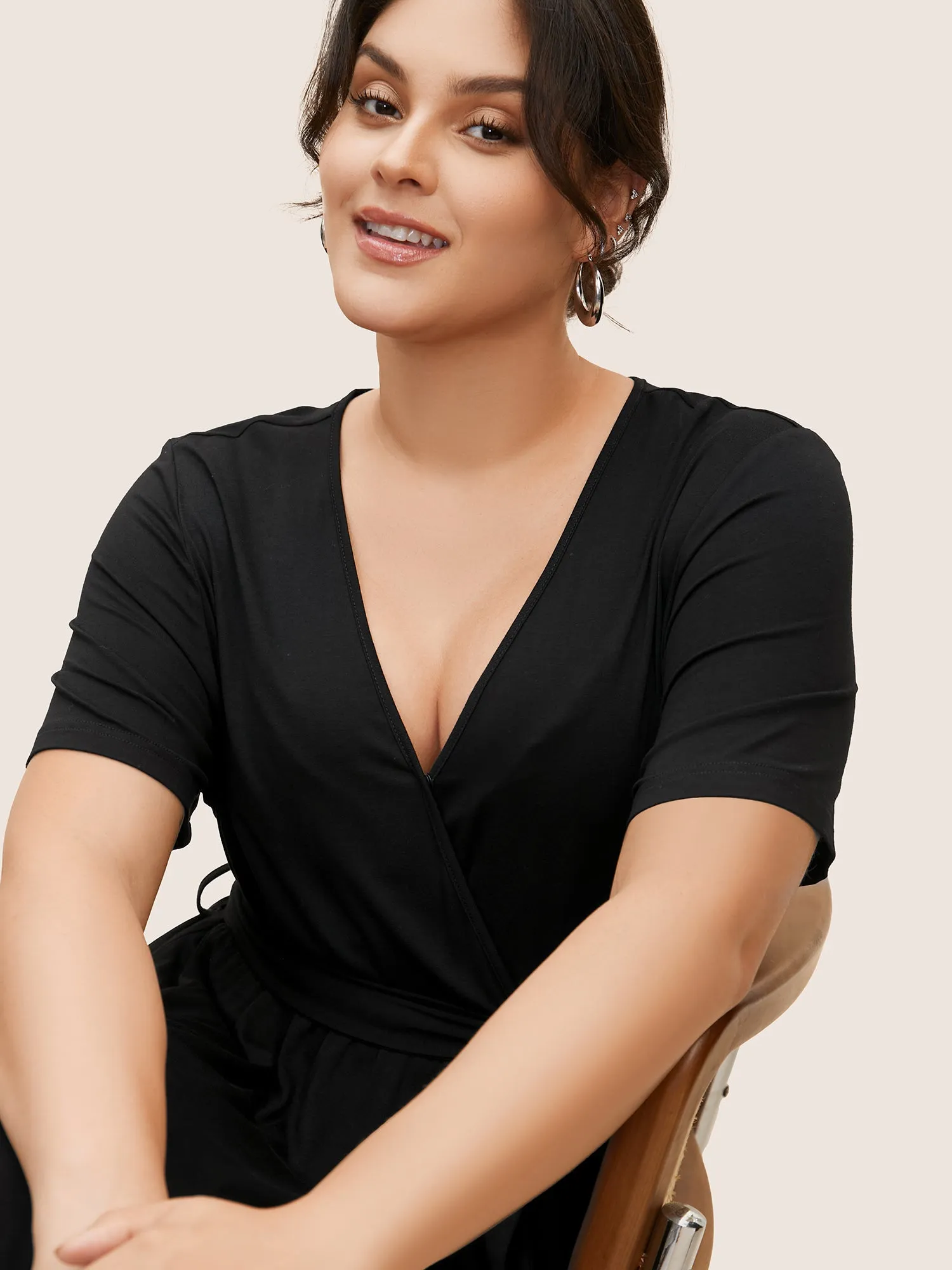 Overlap Collar Solid Belted Midi Dress sold by Bloomchic product image thumbnail 4