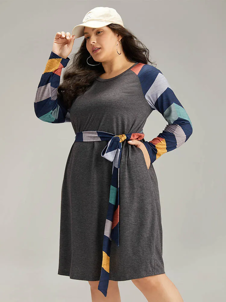 Striped Pocket Raglan Sleeve Belted Dress sold by Bloomchic
