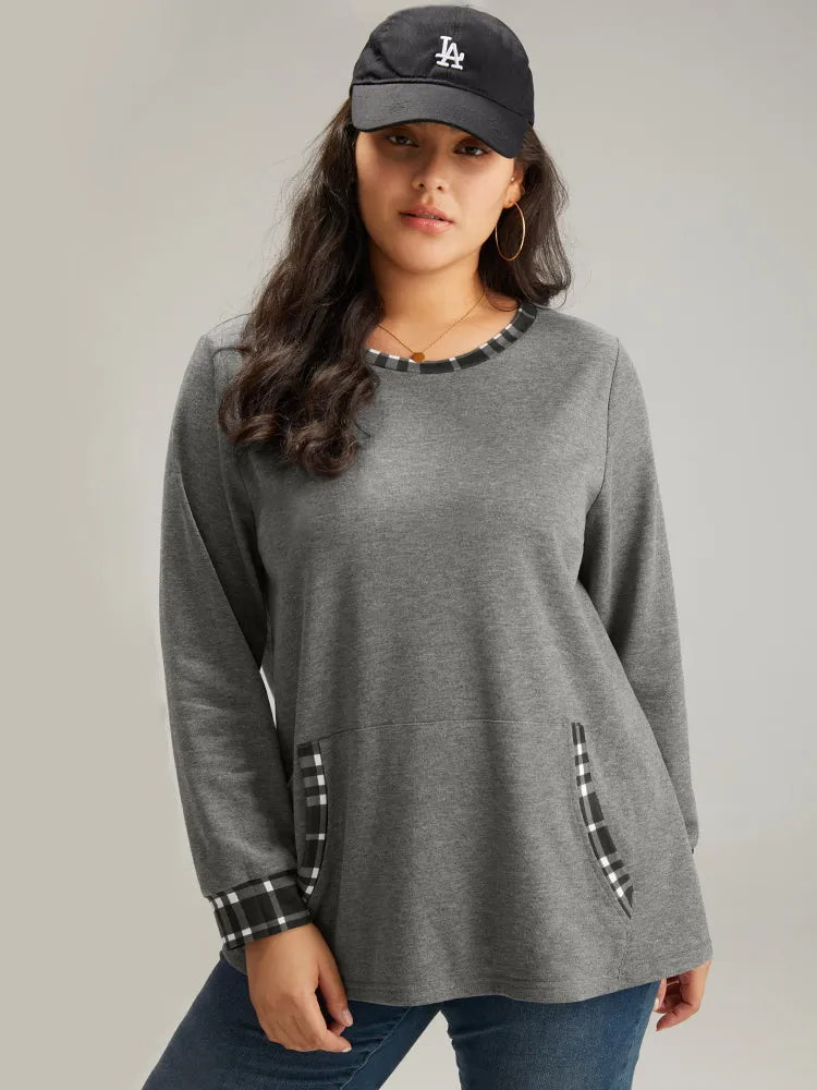 Gingham Round Neck Pocket Patchwork Sweatshirt sold by Bloomchic product image thumbnail 3