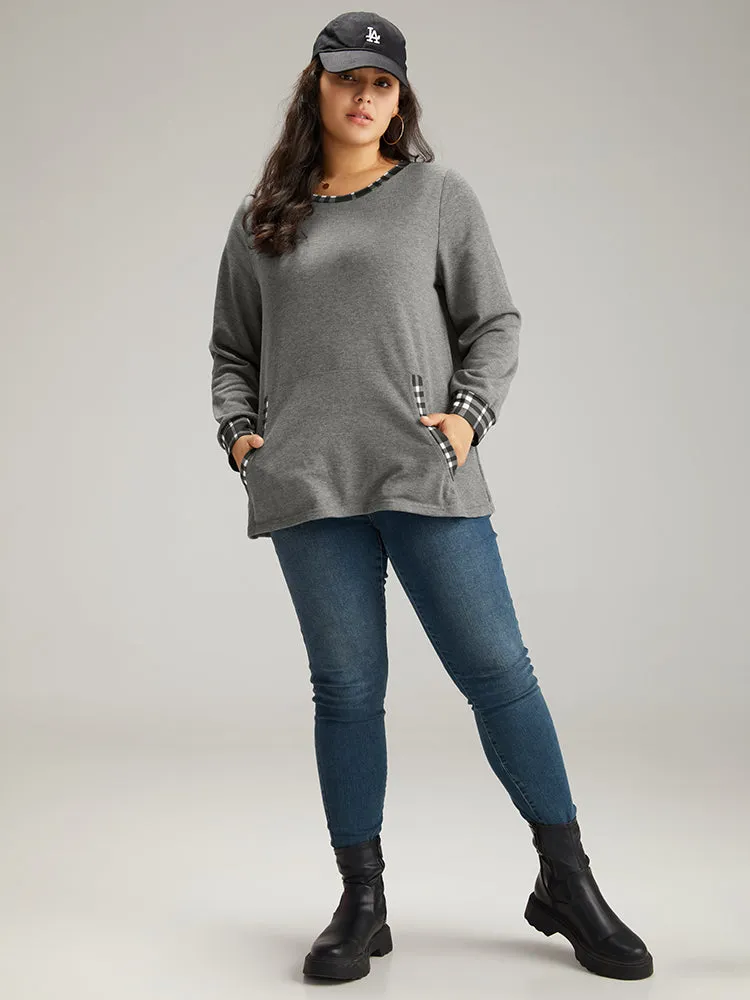 Gingham Round Neck Pocket Patchwork Sweatshirt sold by Bloomchic product image thumbnail 4