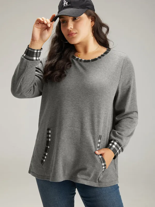 Gingham Round Neck Pocket Patchwork Sweatshirt sold by Bloomchic