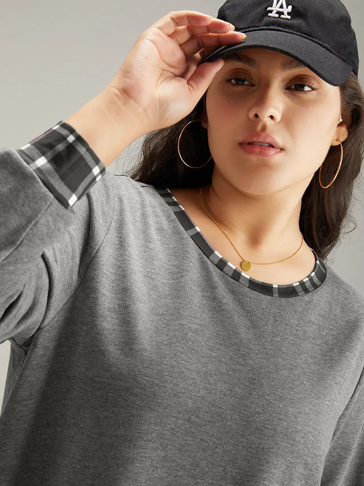 Gingham Round Neck Pocket Patchwork Sweatshirt sold by Bloomchic product image thumbnail 5