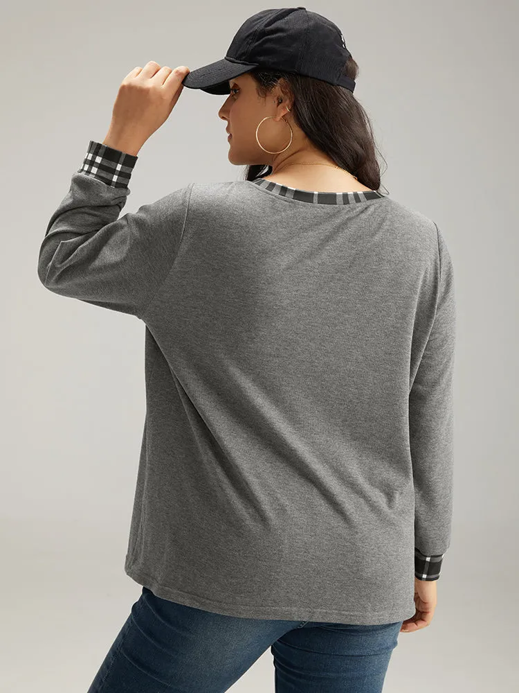 Gingham Round Neck Pocket Patchwork Sweatshirt sold by Bloomchic product image thumbnail 2