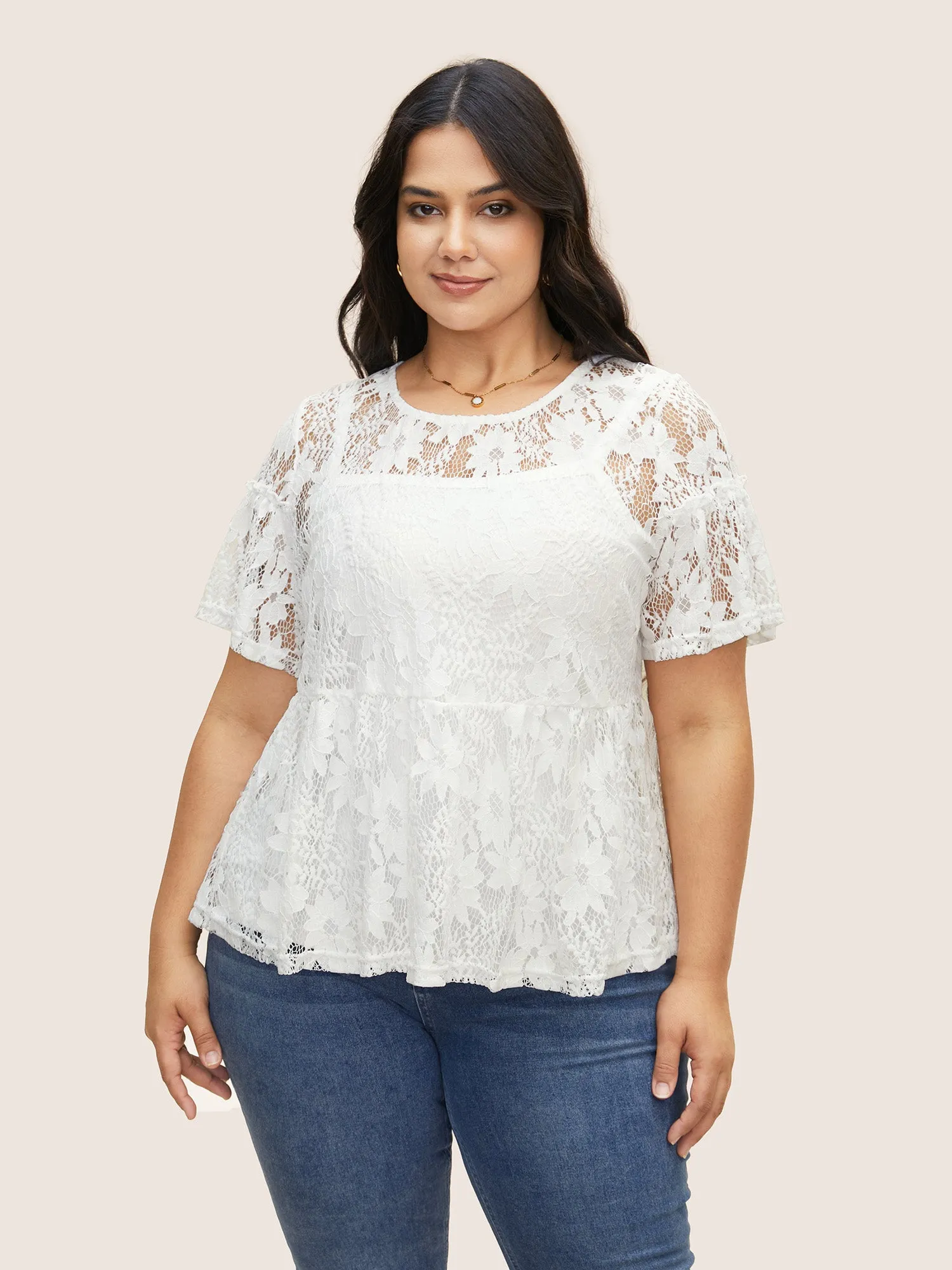 Round Neck Crochet Lace Mesh T-shirt sold by Bloomchic