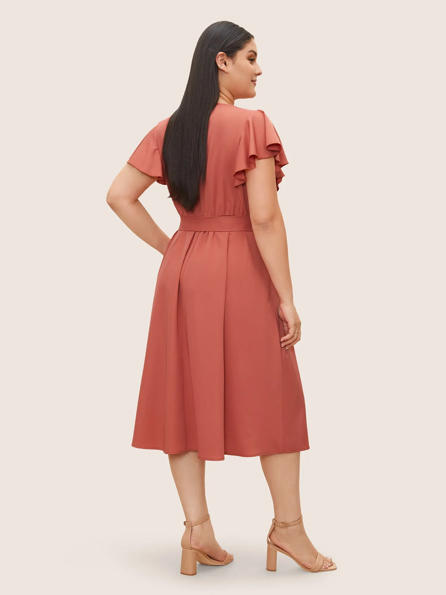 Plain Ruffle Cap Sleeve Button Detail Dress sold by Bloomchic product image thumbnail 4