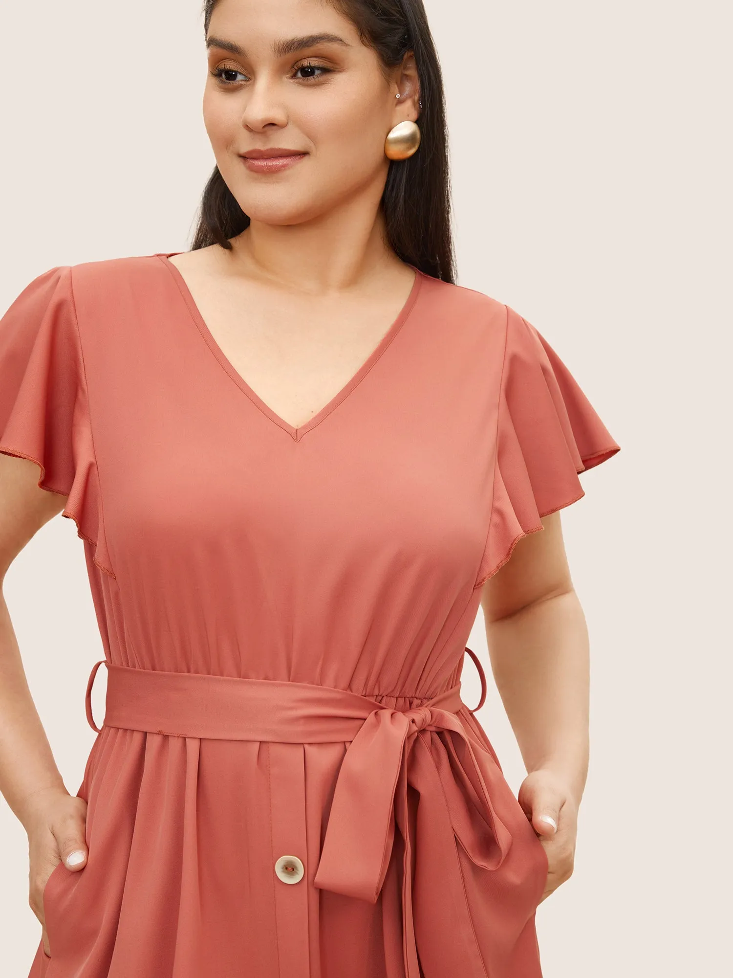 Plain Ruffle Cap Sleeve Button Detail Dress sold by Bloomchic product image thumbnail 2